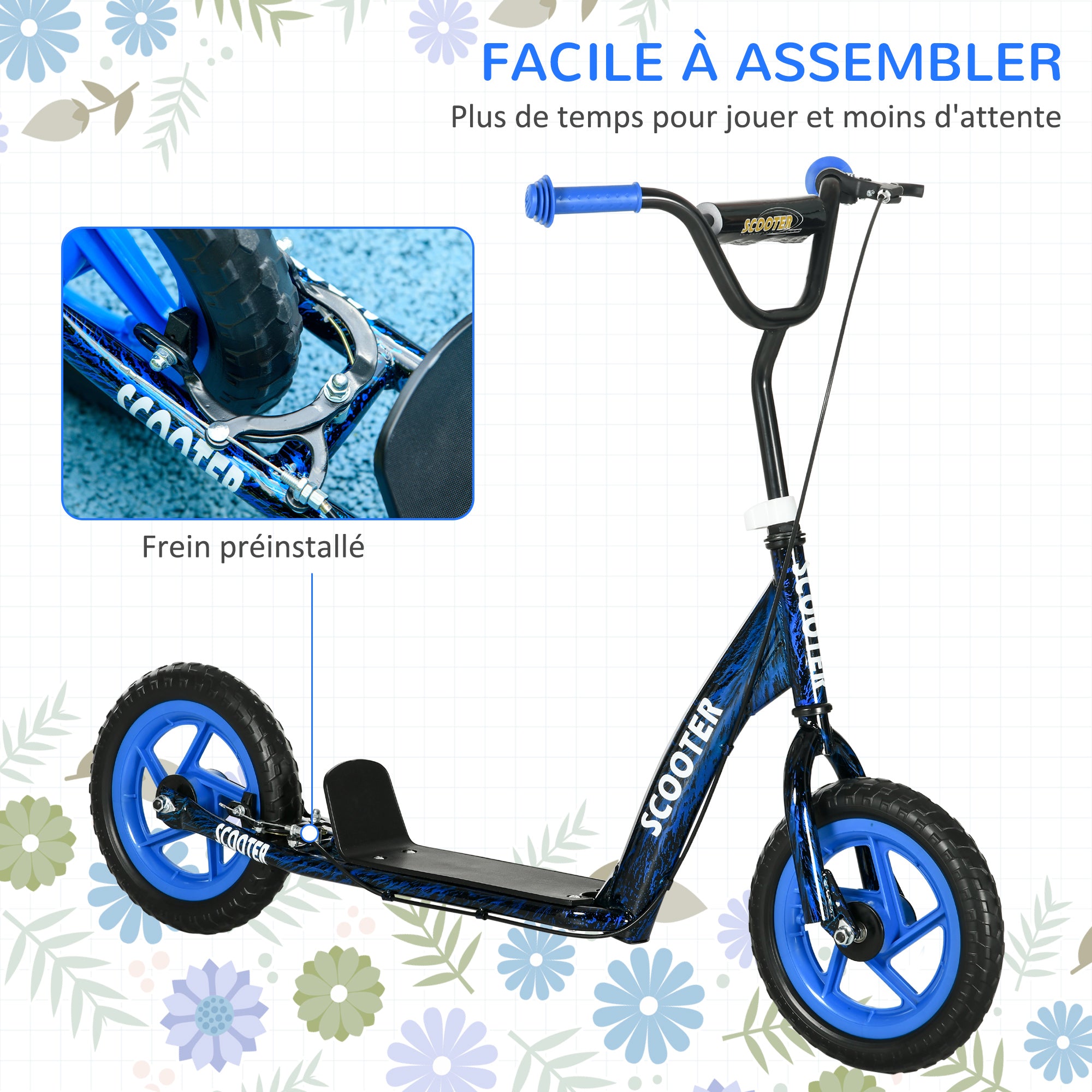 Children's Scooter with Large Wheels for 6-12 Year Olds Adjustable Height Rear Brake Kickstand Blue