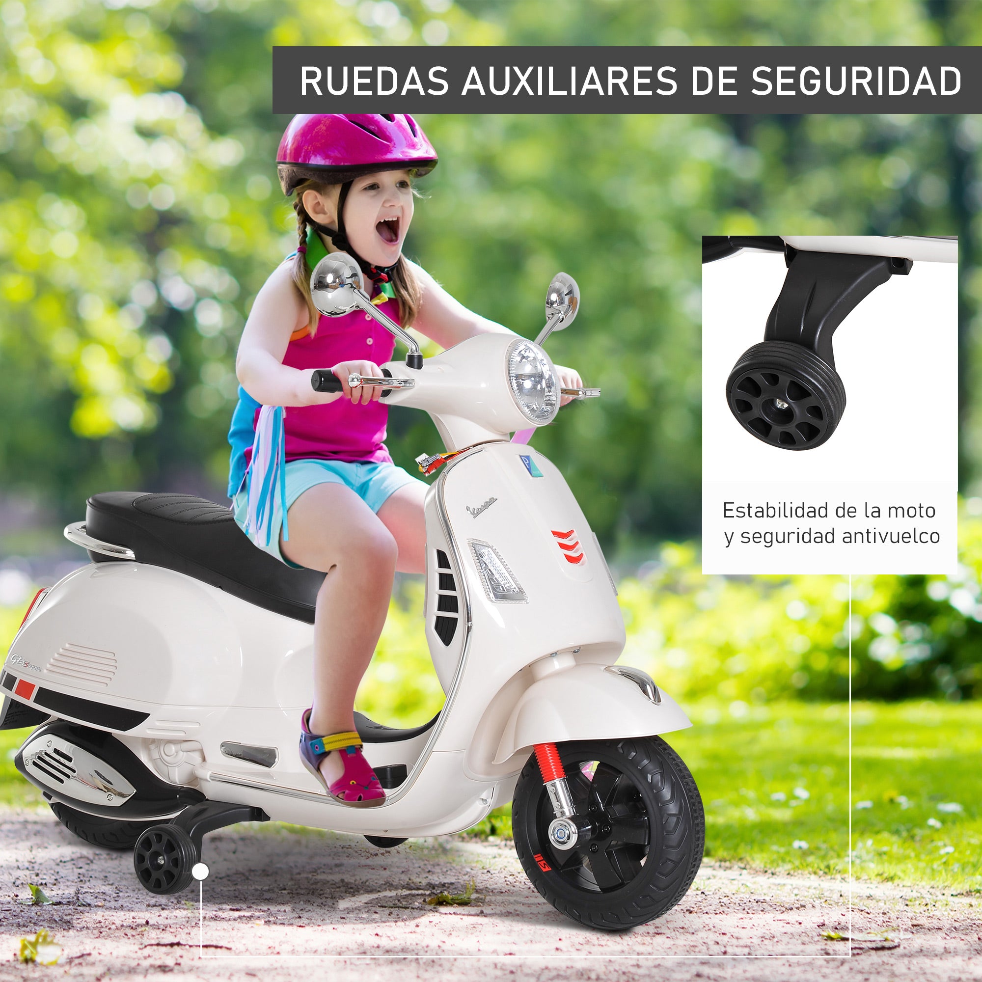 Electric Motorcycle for Kids 3-6 Years Old with VESPA License Battery-Powered Motorcycle for Kids with Music Speed 2-3 km/h and Horn Load 25 kg White