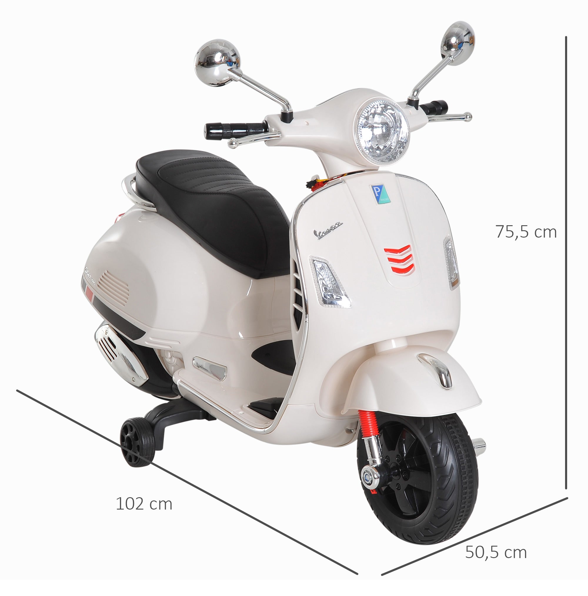 Electric Motorcycle for Kids 3-6 Years Old with VESPA License Battery-Powered Motorcycle for Kids with Music Speed 2-3 km/h and Horn Load 25 kg White