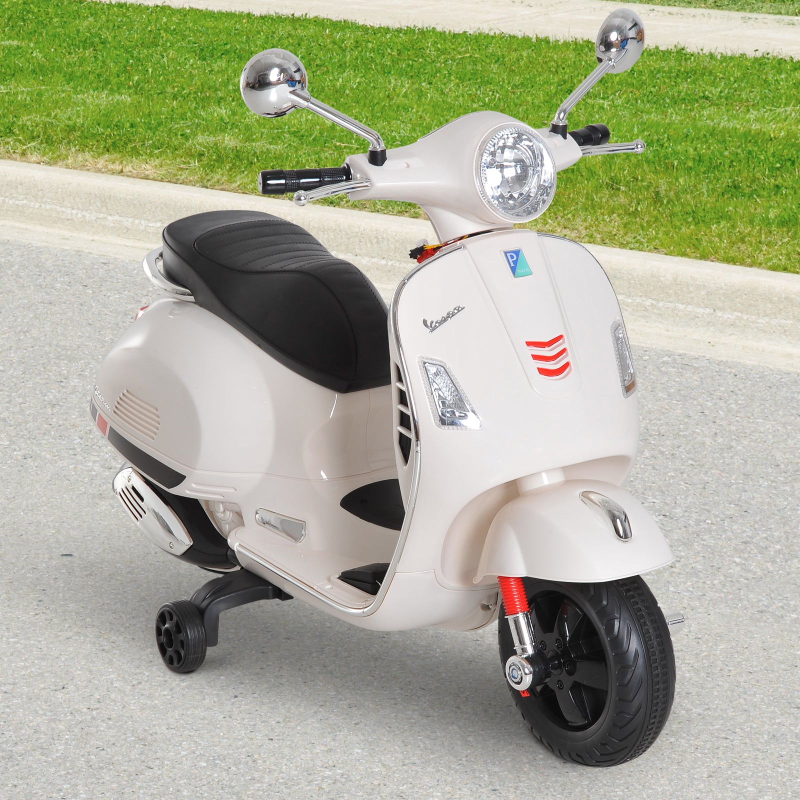 Electric Motorcycle for Kids 3-6 Years Old with VESPA License Battery-Powered Motorcycle for Kids with Music Speed 2-3 km/h and Horn Load 25 kg White
