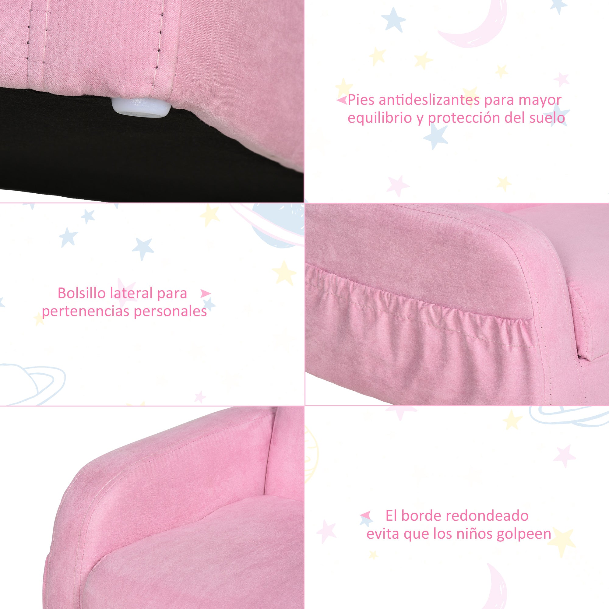 Kids Sofa for 3-Year-Olds Transformable 2-in-1 Children's Folding Bed with Armrests Wide Padded Seat 47x45x38 cm Pink