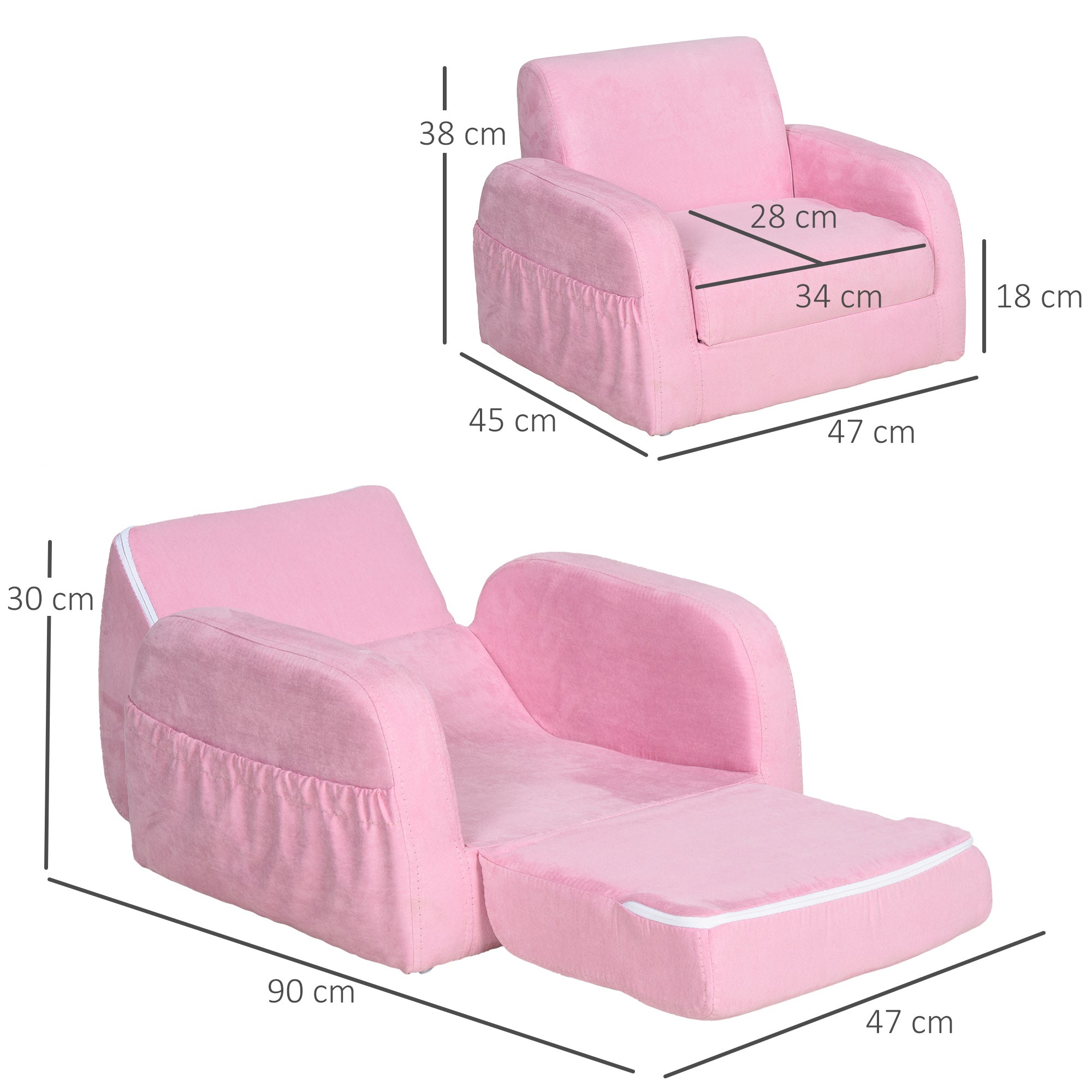 Kids Sofa for 3-Year-Olds Transformable 2-in-1 Children's Folding Bed with Armrests Wide Padded Seat 47x45x38 cm Pink
