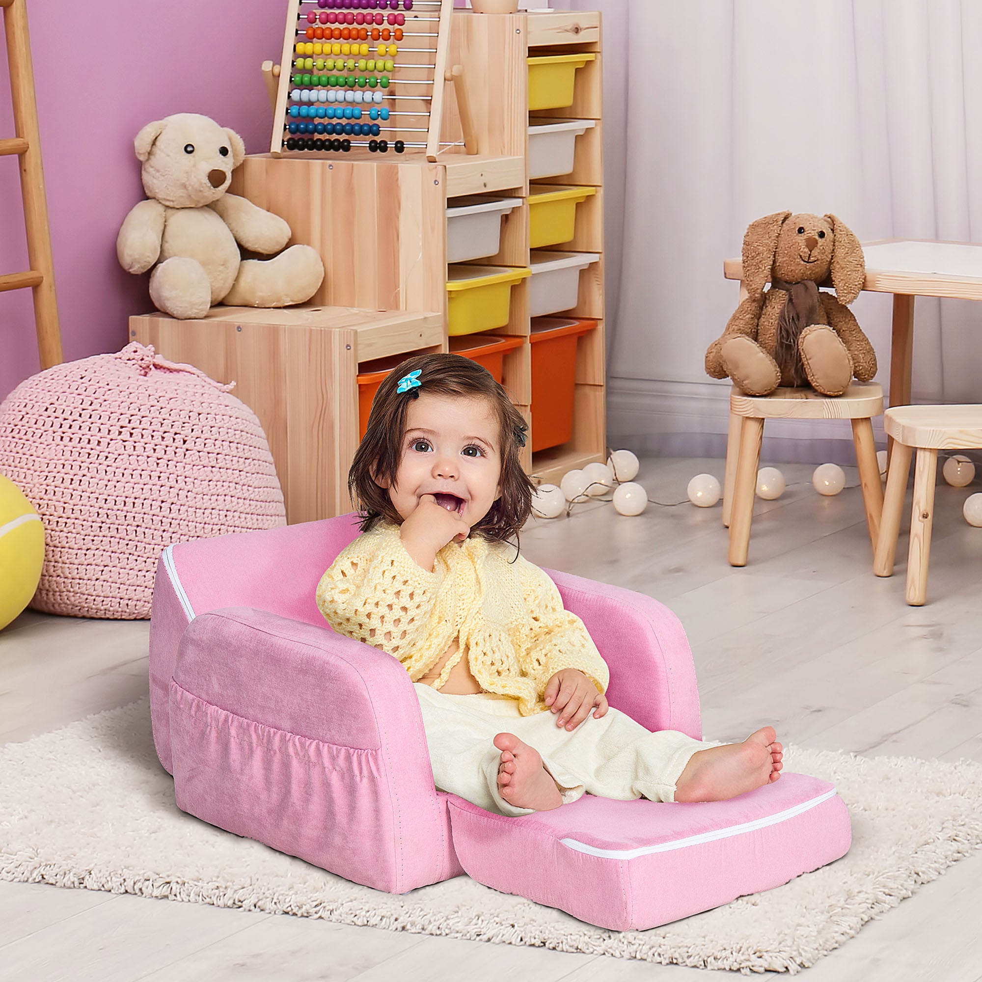 Kids Sofa for 3-Year-Olds Transformable 2-in-1 Children's Folding Bed with Armrests Wide Padded Seat 47x45x38 cm Pink