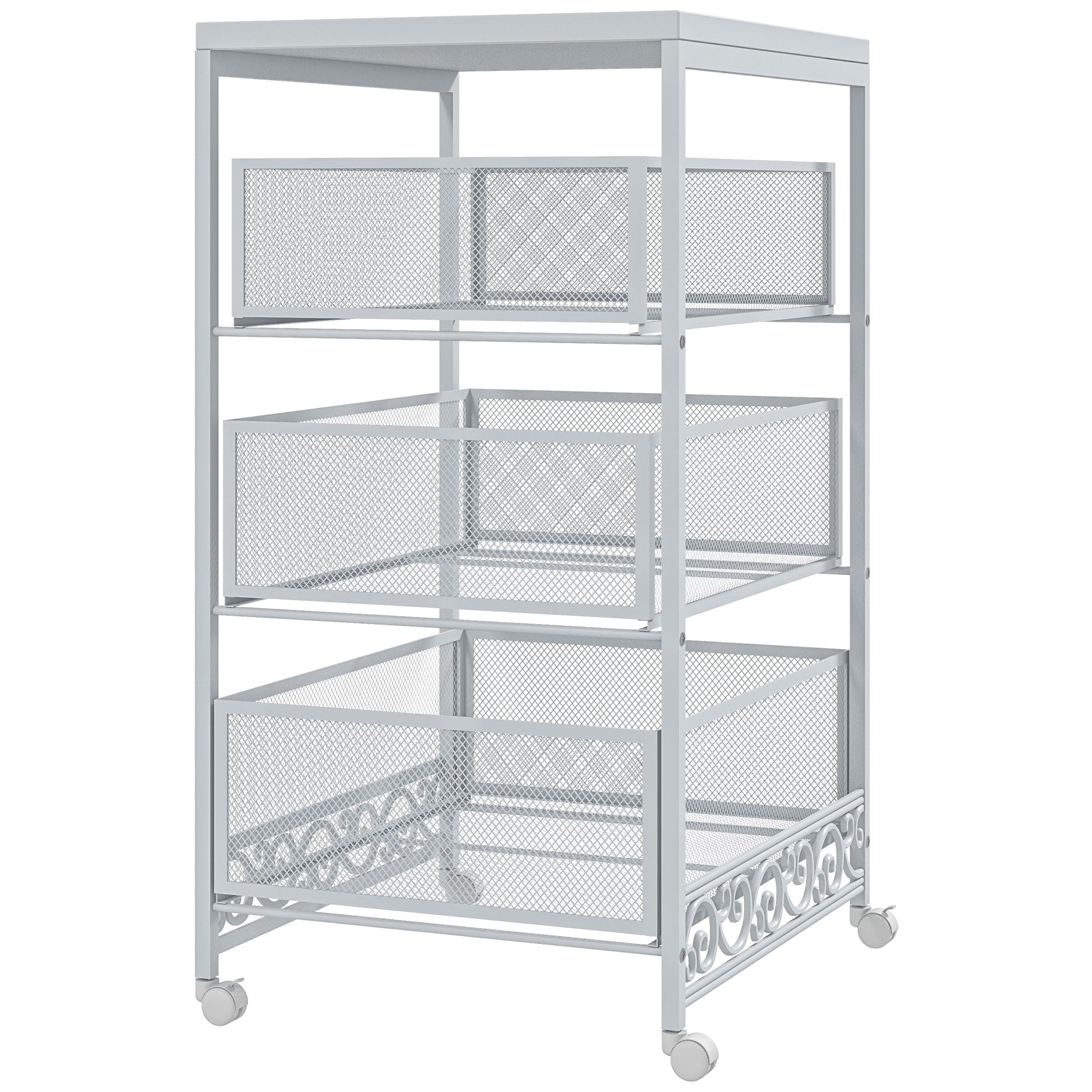 Utility Cart with Wheels 3-Level Storage Cart with 3 Basket Drawers for Living Room Dining Room Kitchen Bathroom 34x29.5x57.5 cm White