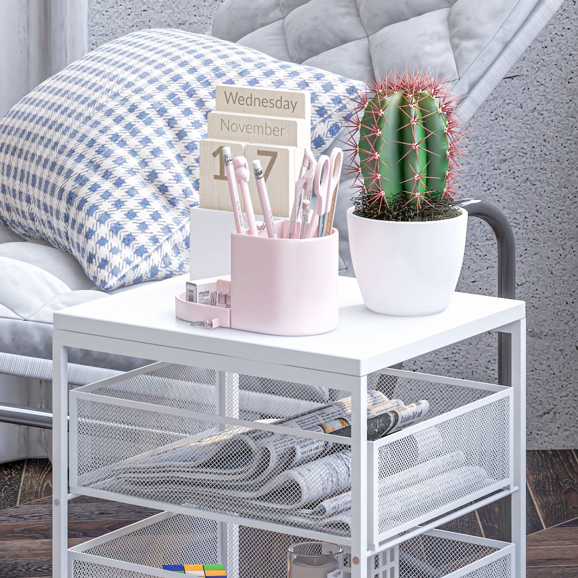 Utility Cart with Wheels 3-Level Storage Cart with 3 Basket Drawers for Living Room Dining Room Kitchen Bathroom 34x29.5x57.5 cm White