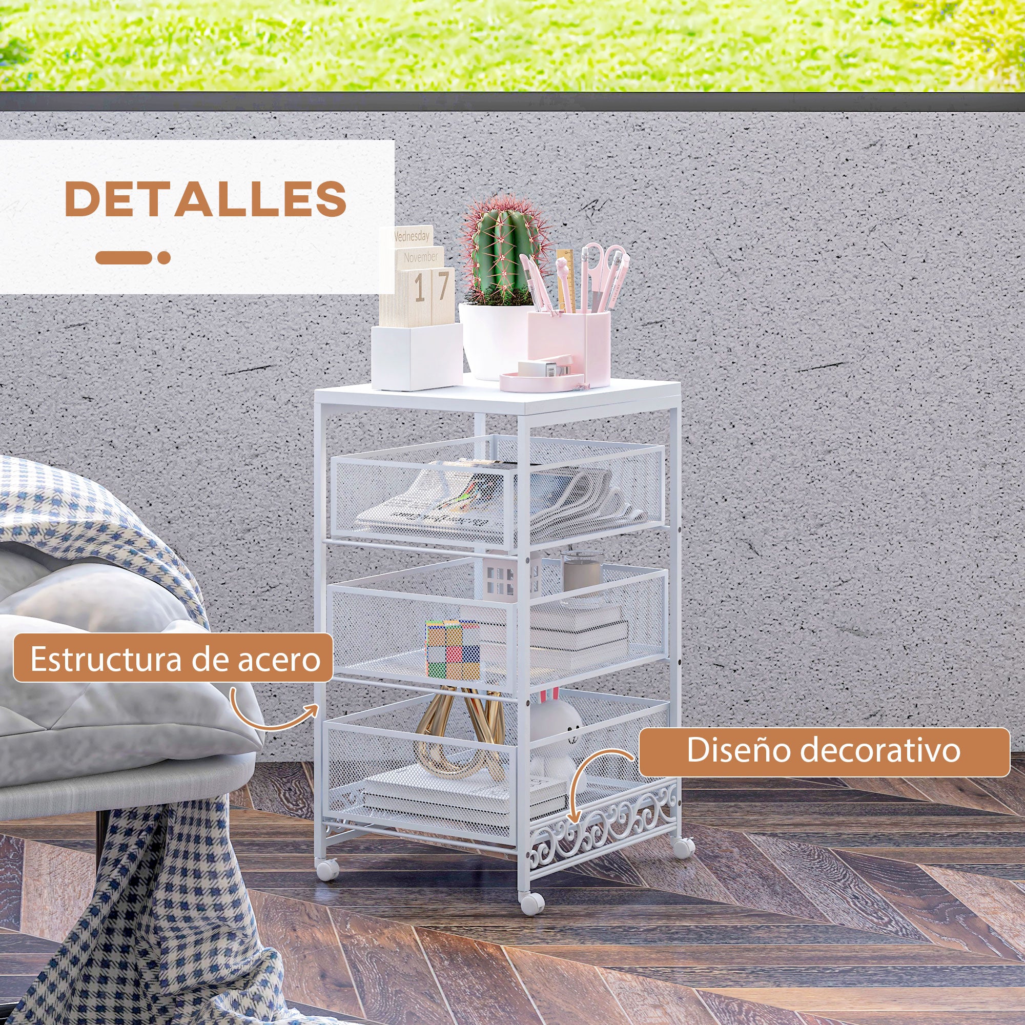 Utility Cart with Wheels 3-Level Storage Cart with 3 Basket Drawers for Living Room Dining Room Kitchen Bathroom 34x29.5x57.5 cm White