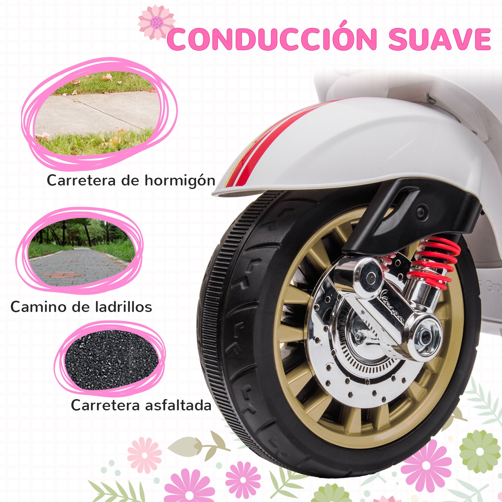 Electric Motorcycle for Kids 3+ Years with Vespa Licensed 6V Battery-Powered Motorcycle for Kids with USB MP3 LED Light FM Radio Speed 3 km/h Load 35 kg White