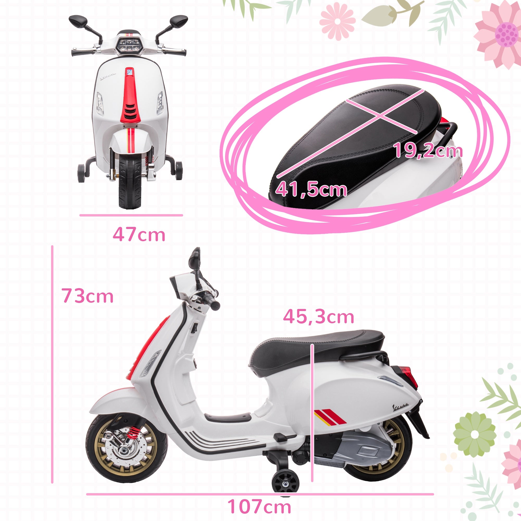 Electric Motorcycle for Kids 3+ Years with Vespa Licensed 6V Battery-Powered Motorcycle for Kids with USB MP3 LED Light FM Radio Speed 3 km/h Load 35 kg White