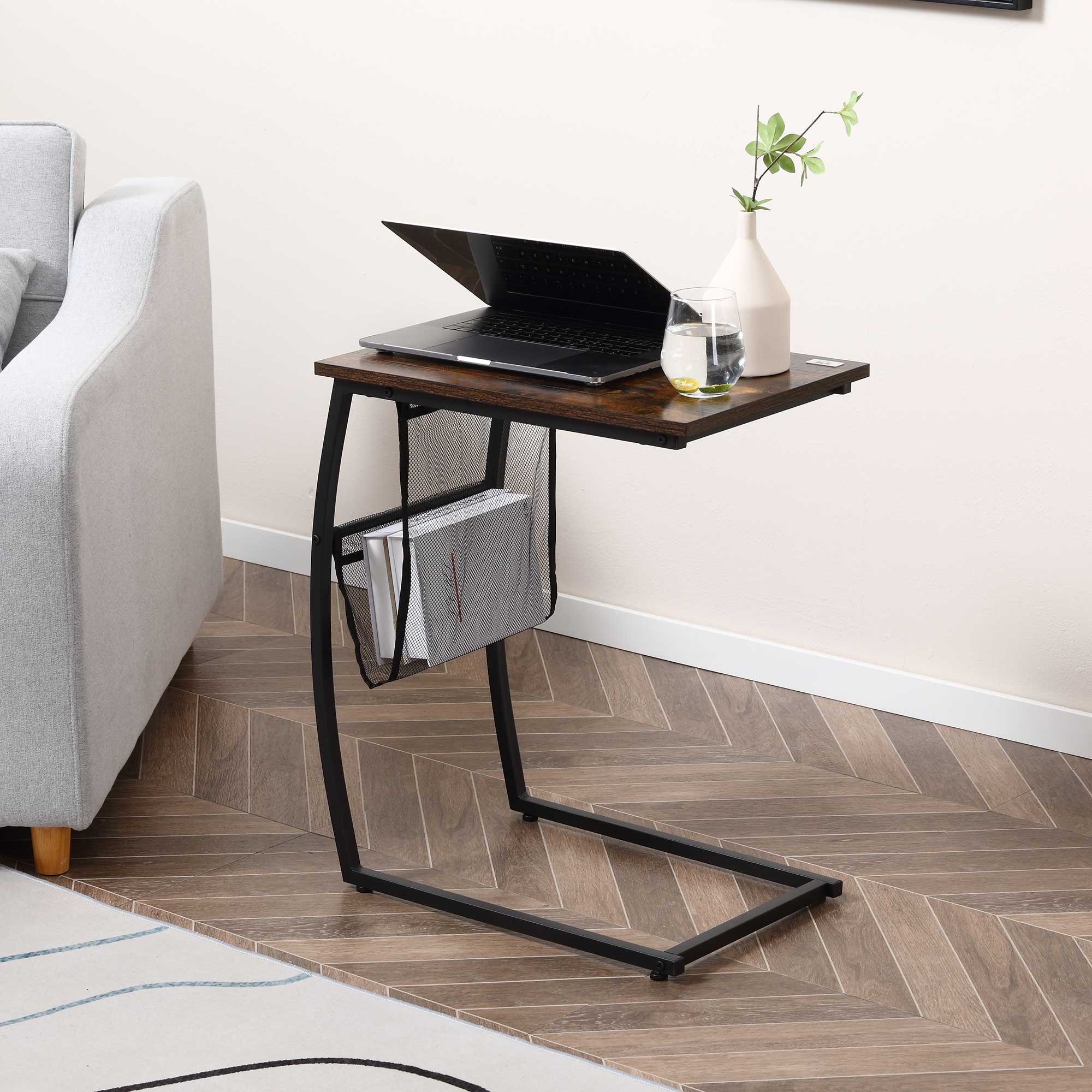 Side Table for Sofa and Bed Small C-Shaped Side Table with Storage Pocket Industrial Style for Living Room 53x35x64.5 cm Rustic Brown