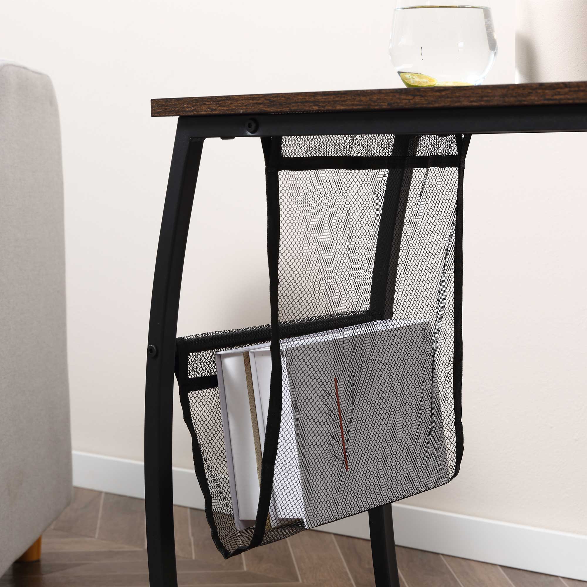 Side Table for Sofa and Bed Small C-Shaped Side Table with Storage Pocket Industrial Style for Living Room 53x35x64.5 cm Rustic Brown