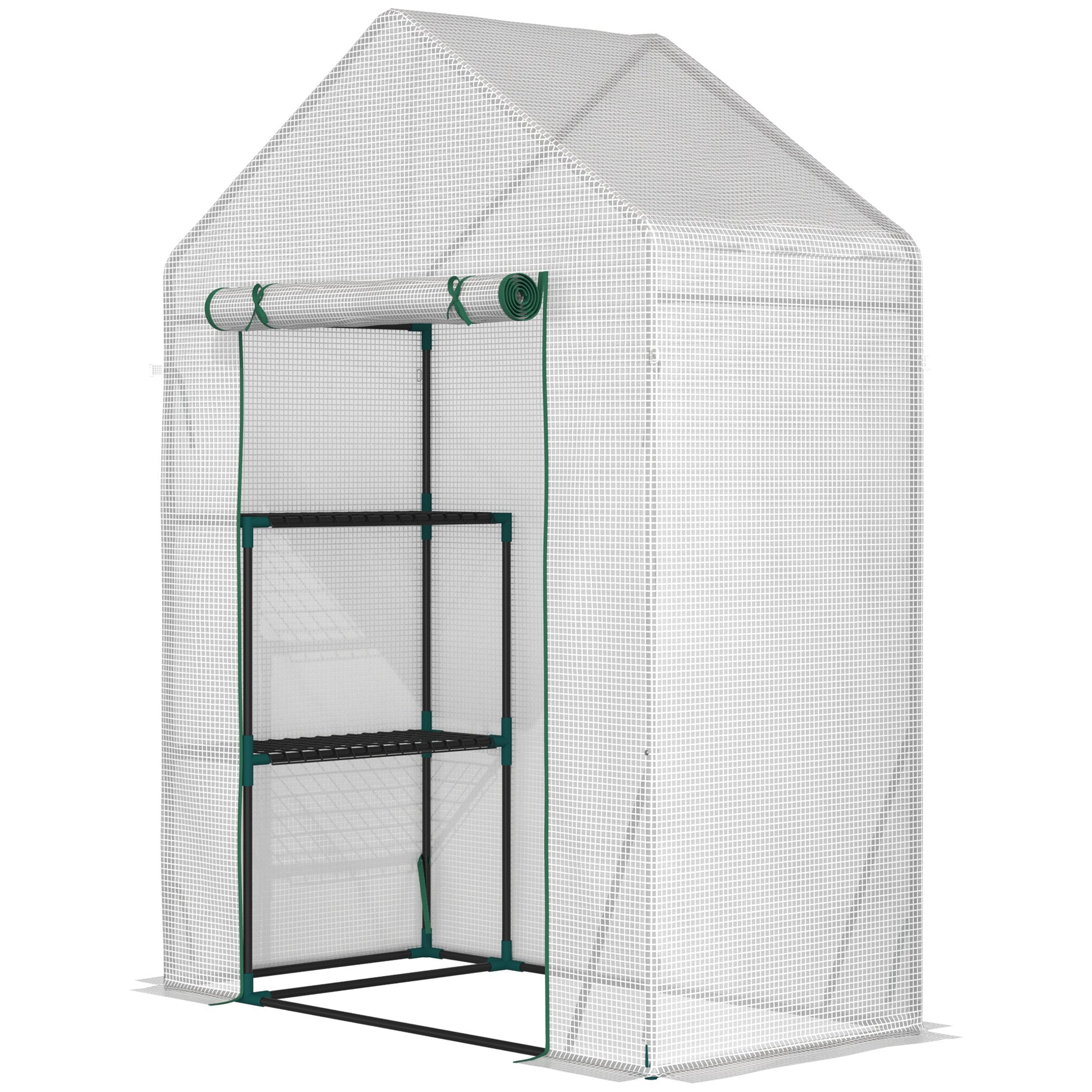 Outdoor Greenhouse Small Greenhouse with 4 Shelves Roll-Up Zippered Door and Steel Frame Greenhouse for Crops Plants Flowers 143x73x195 cm White
