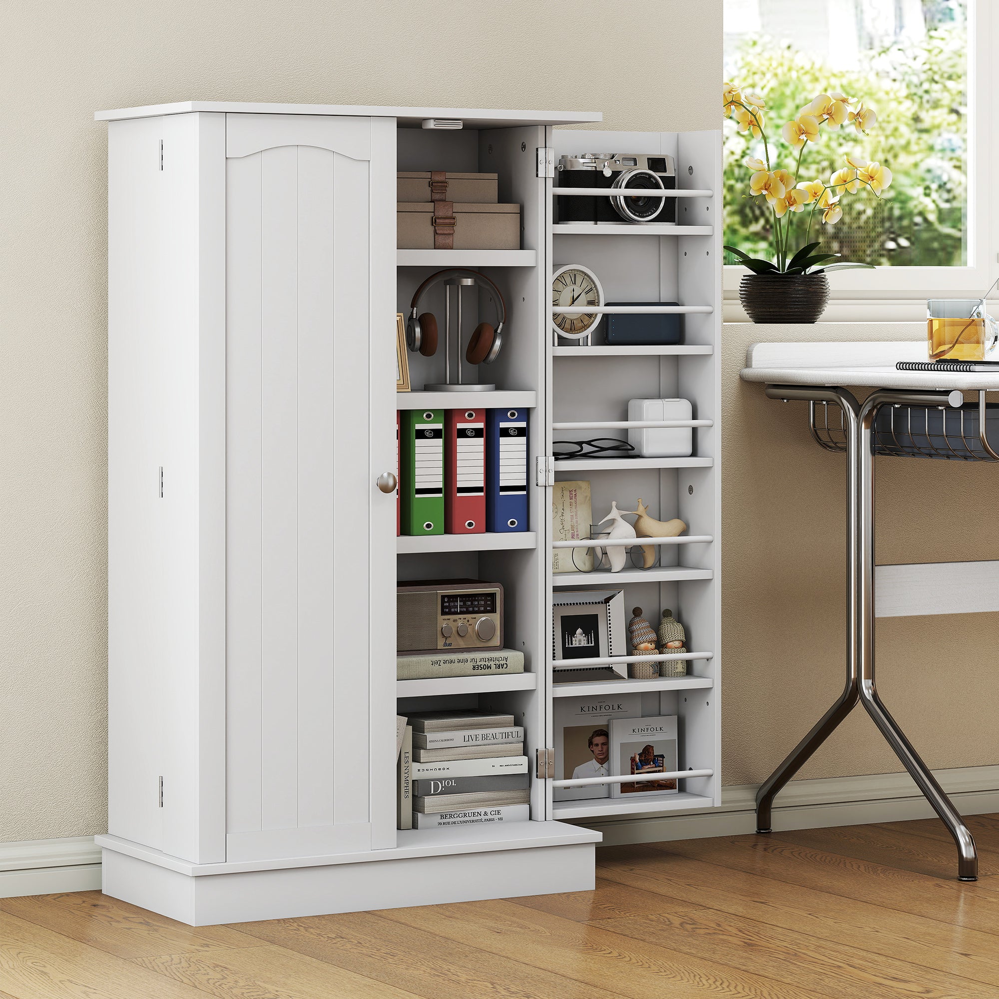 Kitchen Cabinet Buffet Cupboard Modern Storage Cabinet with Adjustable Shelves and 12 Spice Racks, Pantry for Dining Room, Living Room, 60 x 30 x 104 cm, White