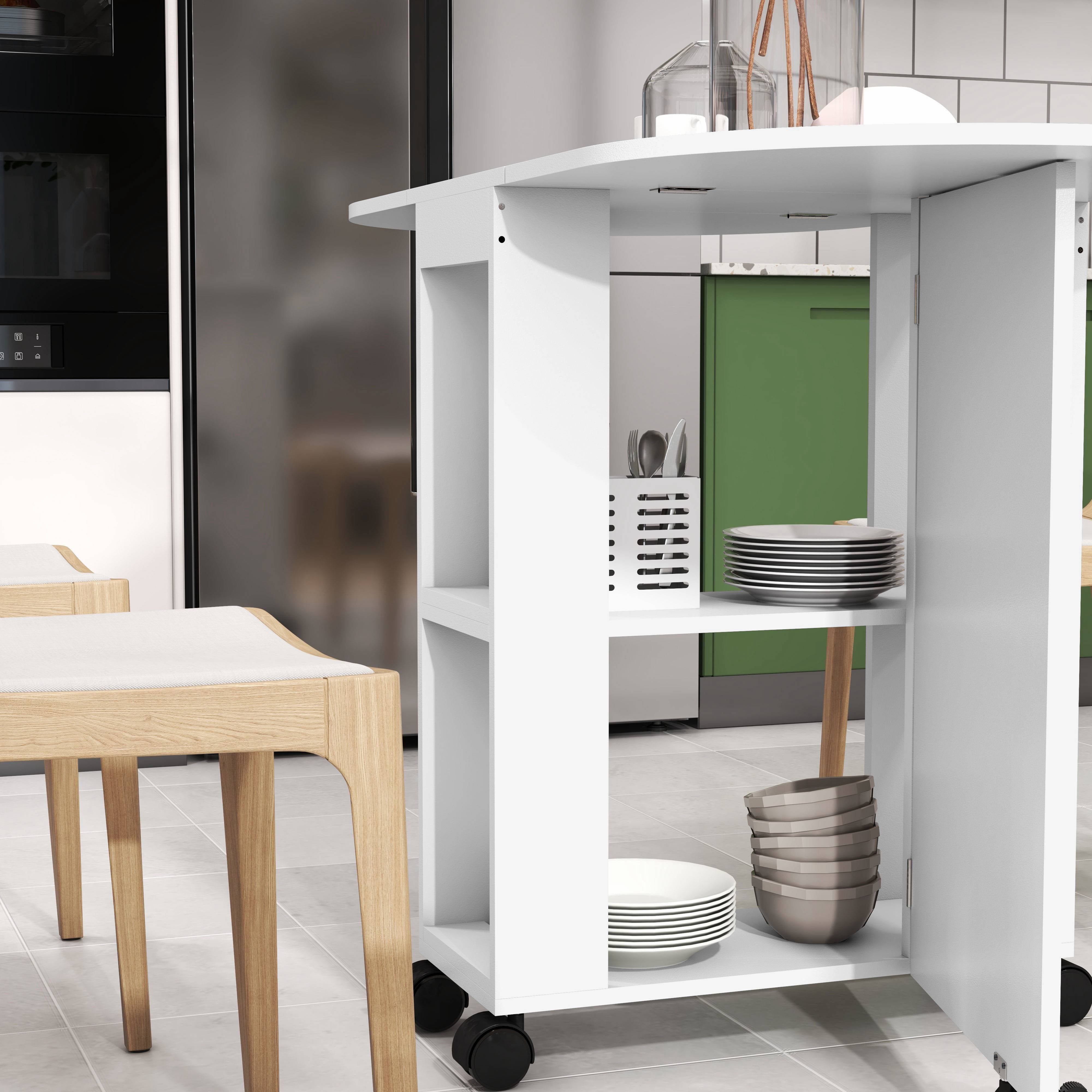 Folding Dining Table with Wheels Kitchen Table with Foldable Sides and 2 Open Shelves Modern Style 80 kg Capacity 120x60x77 cm White