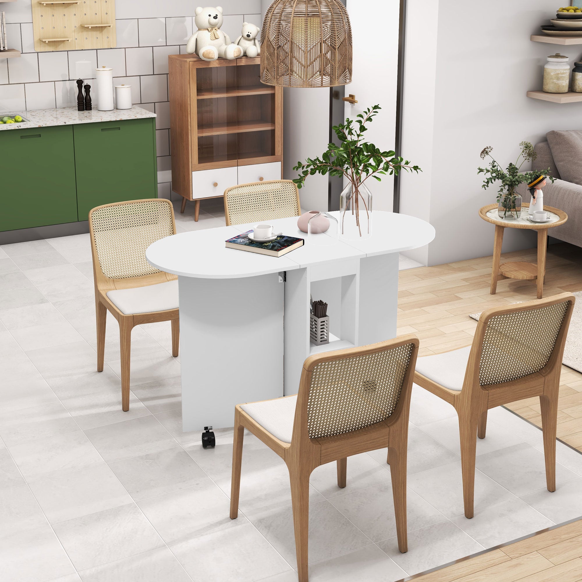 Folding Dining Table with Wheels Kitchen Table with Foldable Sides and 2 Open Shelves Modern Style 80 kg Capacity 120x60x77 cm White