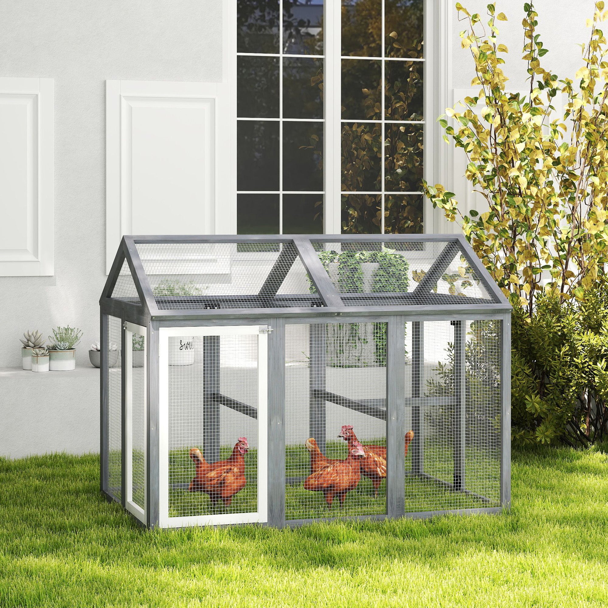 Outdoor Chicken Run, 12.7 sq ft (140 x 88.5 x 106 cm / 55.1 x 34.8 x 41.7 in), Lockable Doors, Solid Pine Frame, Wire Mesh Aviary for 1–3 Chickens, Gray