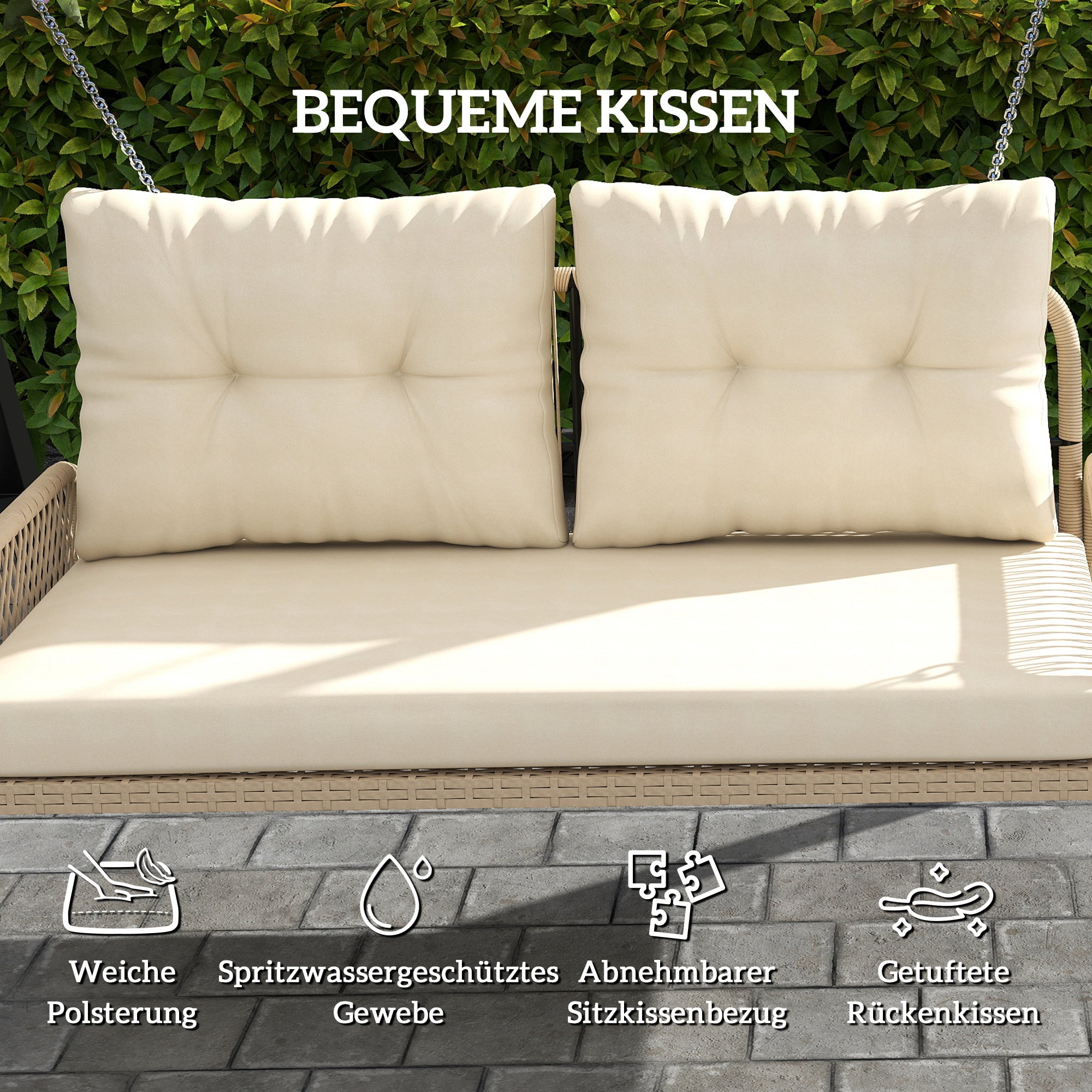 Hollywood Swing 2-Seater Rattan Garden Swing with Cushions Chain Hanging Bench up to 240 kg Load Capacity Swing Bench Garden Bench for Garden Balcony 115 x 66 x 44 cm Beige