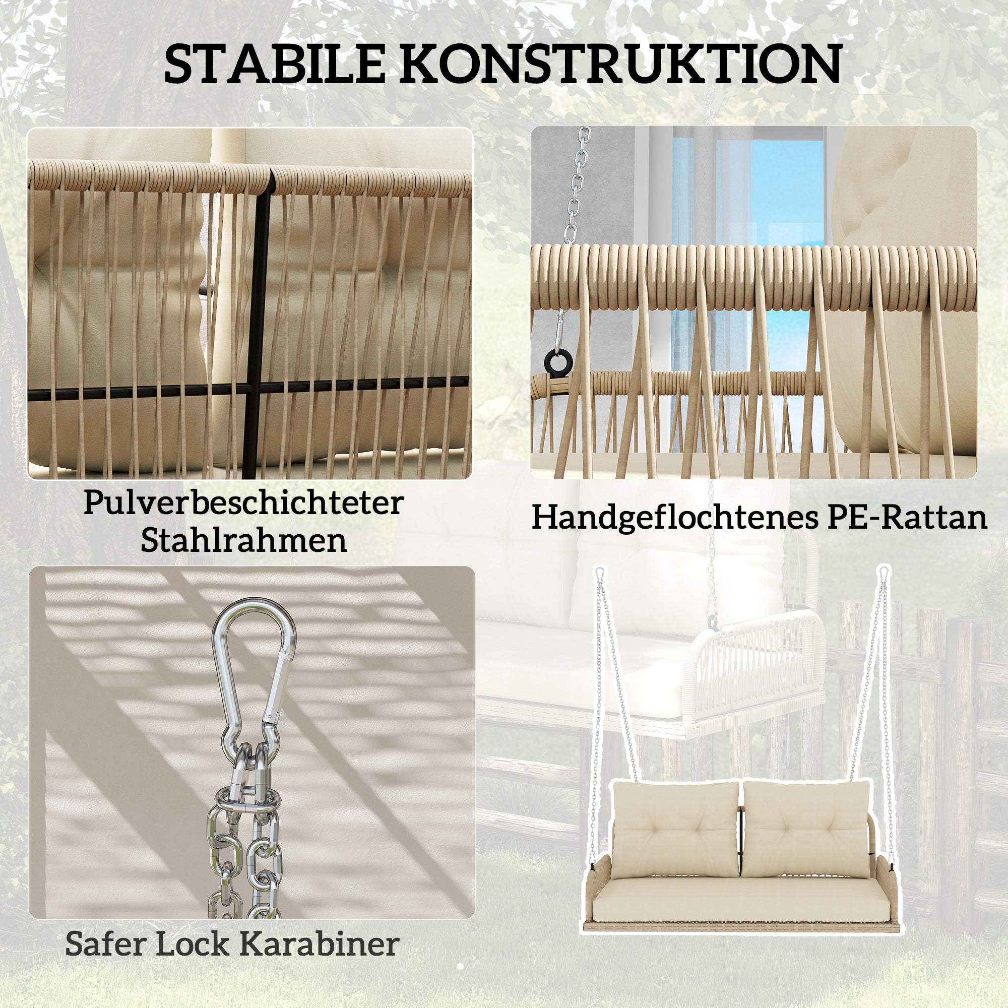 Hollywood Swing 2-Seater Rattan Garden Swing with Cushions Chain Hanging Bench up to 240 kg Load Capacity Swing Bench Garden Bench for Garden Balcony 115 x 66 x 44 cm Beige