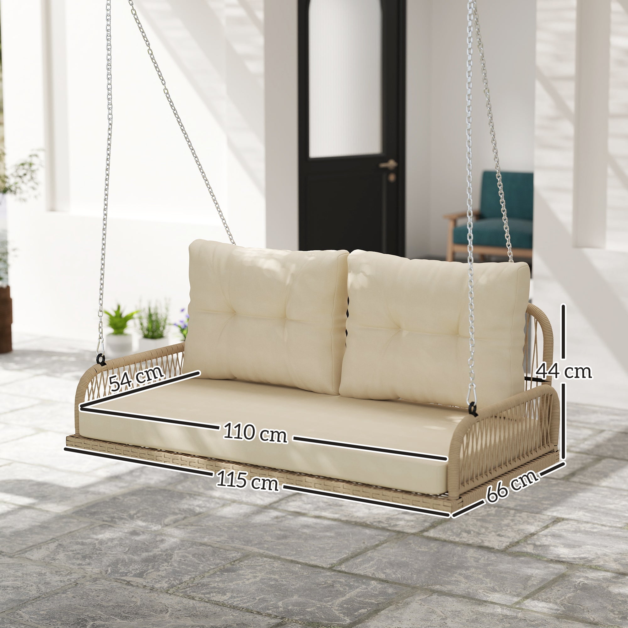 Hollywood Swing 2-Seater Rattan Garden Swing with Cushions Chain Hanging Bench up to 240 kg Load Capacity Swing Bench Garden Bench for Garden Balcony 115 x 66 x 44 cm Beige