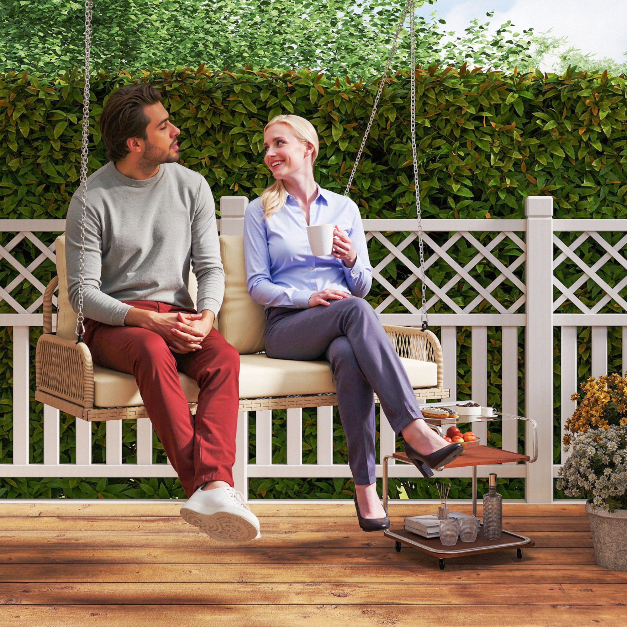 Hollywood Swing 2-Seater Rattan Garden Swing with Cushions Chain Hanging Bench up to 240 kg Load Capacity Swing Bench Garden Bench for Garden Balcony 115 x 66 x 44 cm Beige