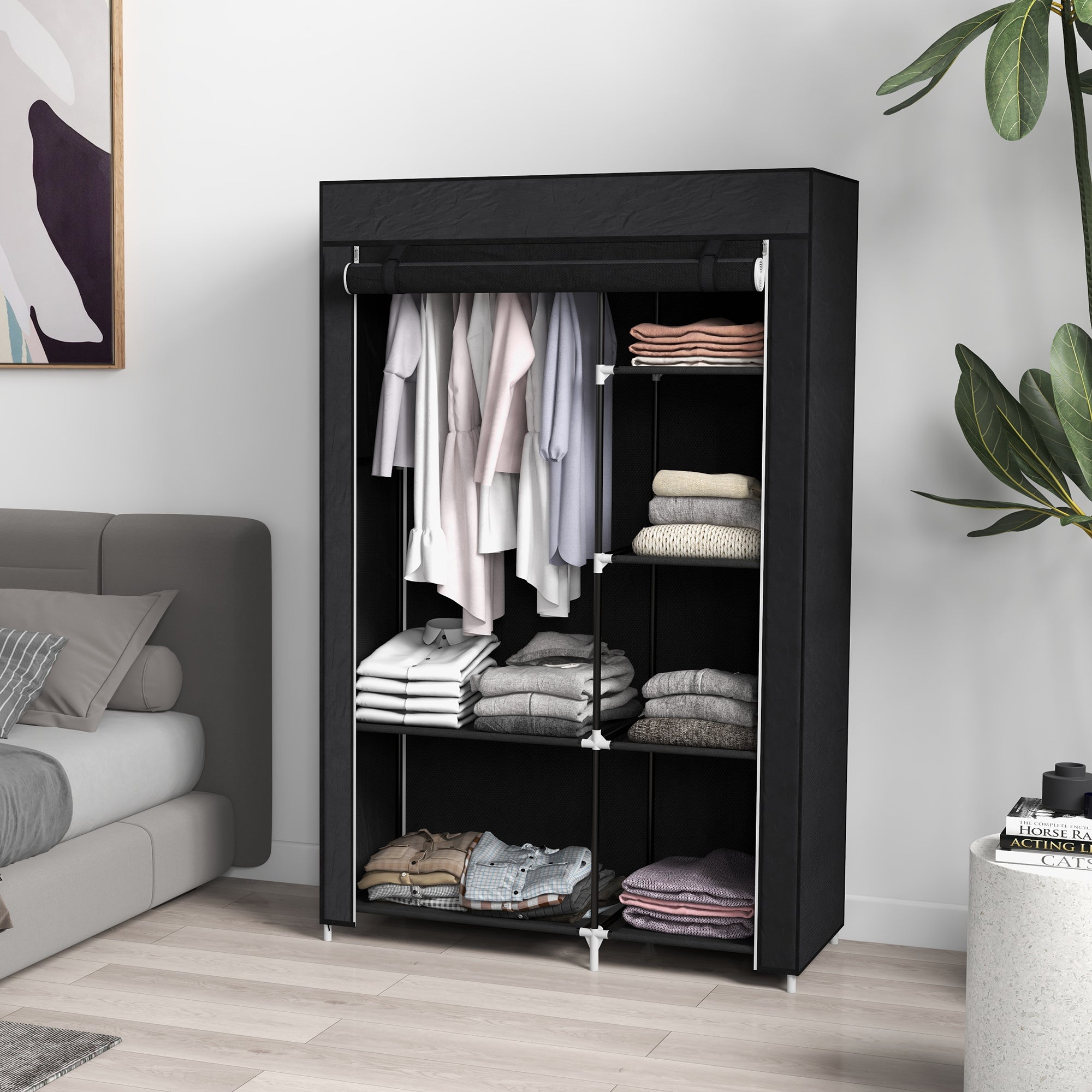 Wardrobe Fabric Wardrobe with 6 Shelves, Clothes Rail, Zipper Folding Wardrobe for Dressing Room Bedroom, 103 x 43 x 162.5 cm, Black