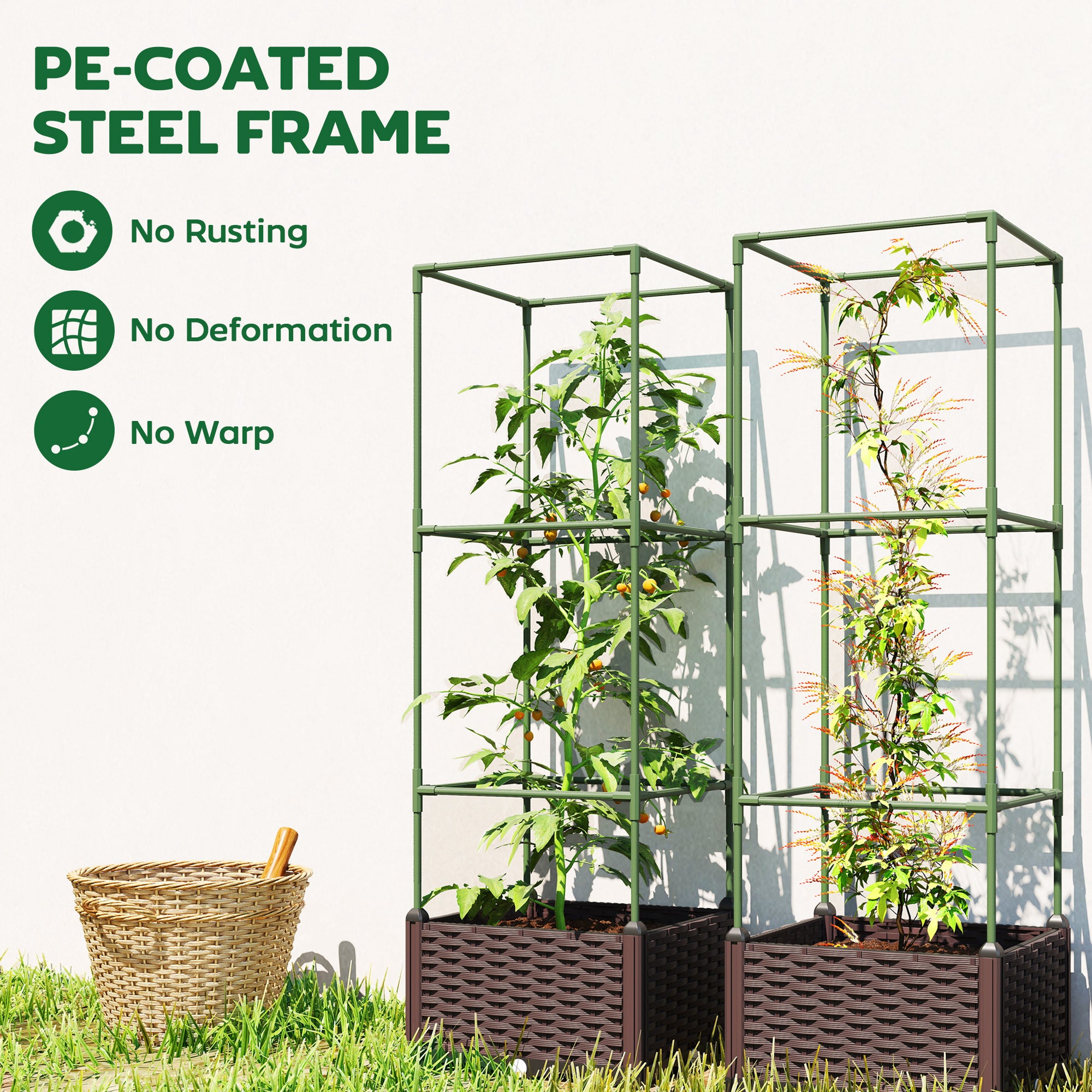 Raised Bed with Trellis — 3-Piece Planter Set for Flowers, Climbing Plants & Vegetables, Drainage Holes, Green/Dark Brown, 40 x 40 x 125 cm (15.7 x 15.7 x 49.2 in)