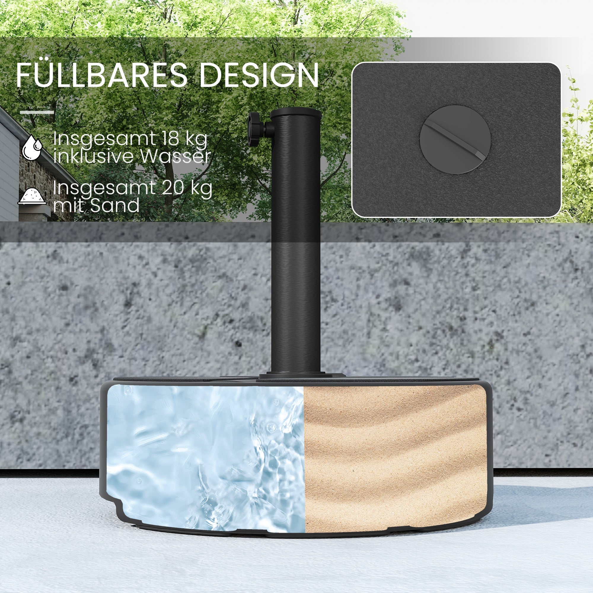 Fillable HDPE Umbrella Base — Round Stand for Ø38/Ø48 mm Poles, Holds 44 lb (20 kg) Sand or 40 lb (18 kg) Water, For Balcony/Patio/Garden — Black