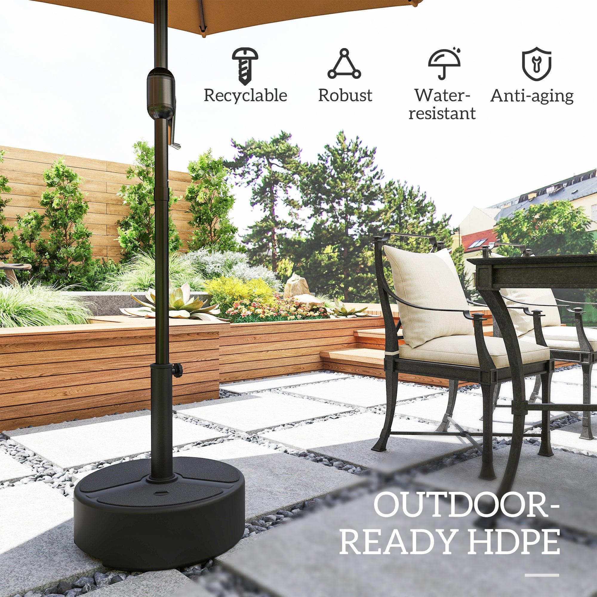 Fillable HDPE Umbrella Base — Round Stand for Ø38/Ø48 mm Poles, Holds 44 lb (20 kg) Sand or 40 lb (18 kg) Water, For Balcony/Patio/Garden — Black