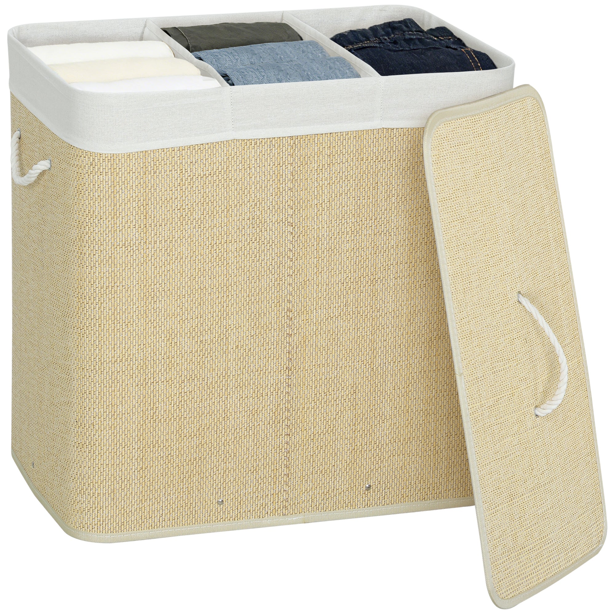 Bamboo Laundry Hamper with Lid, 144 L (≈38.1 US gal), 3-Compartment Laundry Basket, Removable Washable Liner, Handles, 23.6×15.7×23.6 in, Cream
