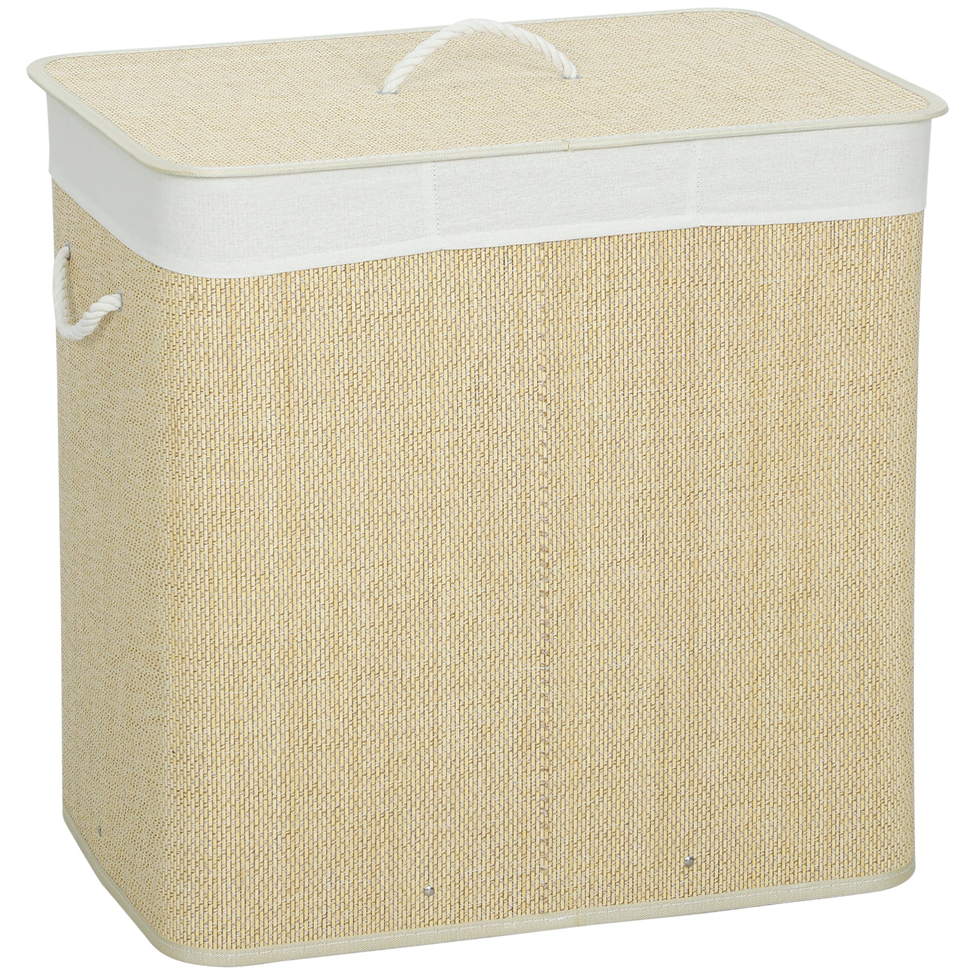 Bamboo Laundry Hamper with Lid, 144 L (≈38.1 US gal), 3-Compartment Laundry Basket, Removable Washable Liner, Handles, 23.6×15.7×23.6 in, Cream