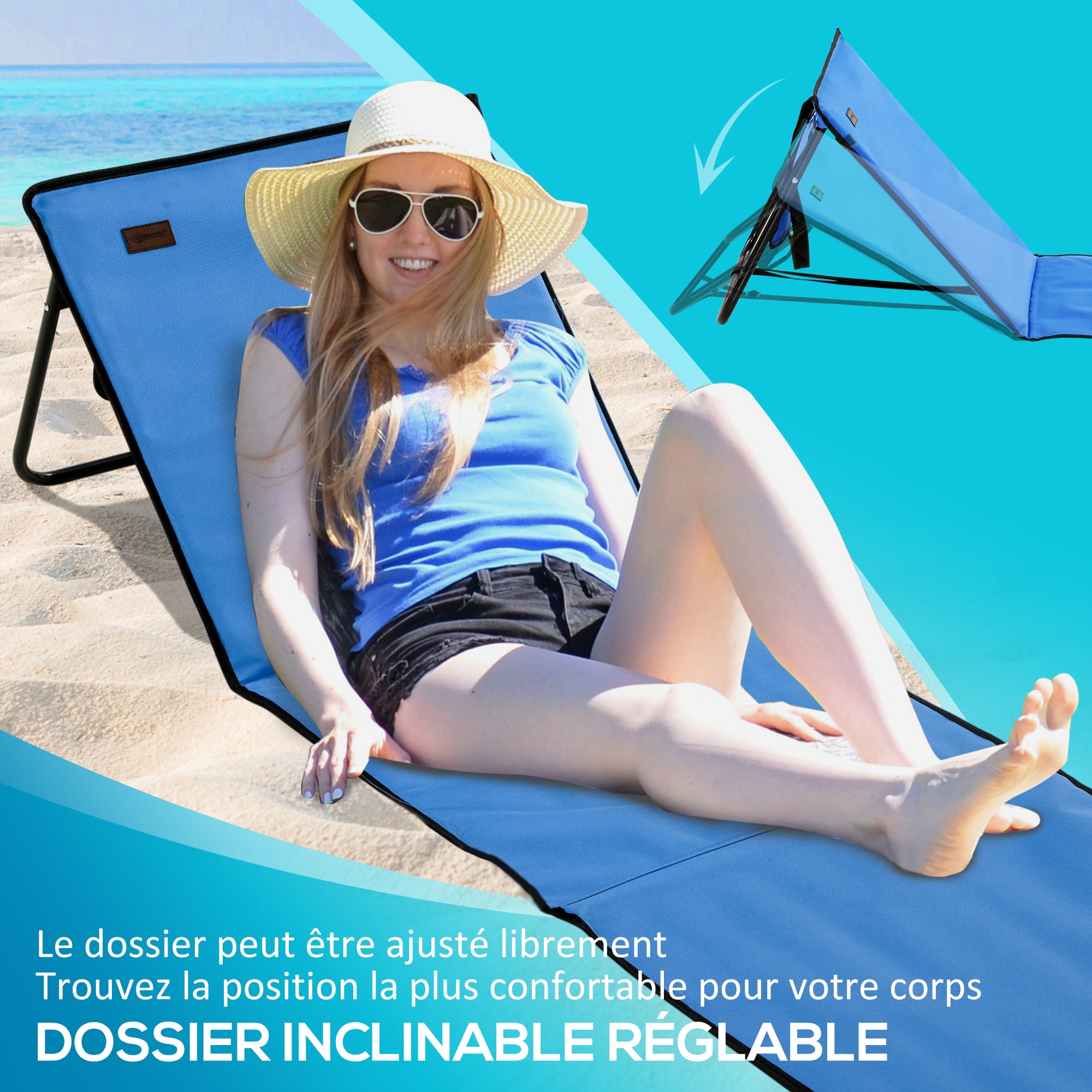 Set of 2 Padded Beach Mats - Beach Mattress - Beach Mats - Multi-Position Reclining Backrest - Included Carrying Bag - Blue Oxford Steel