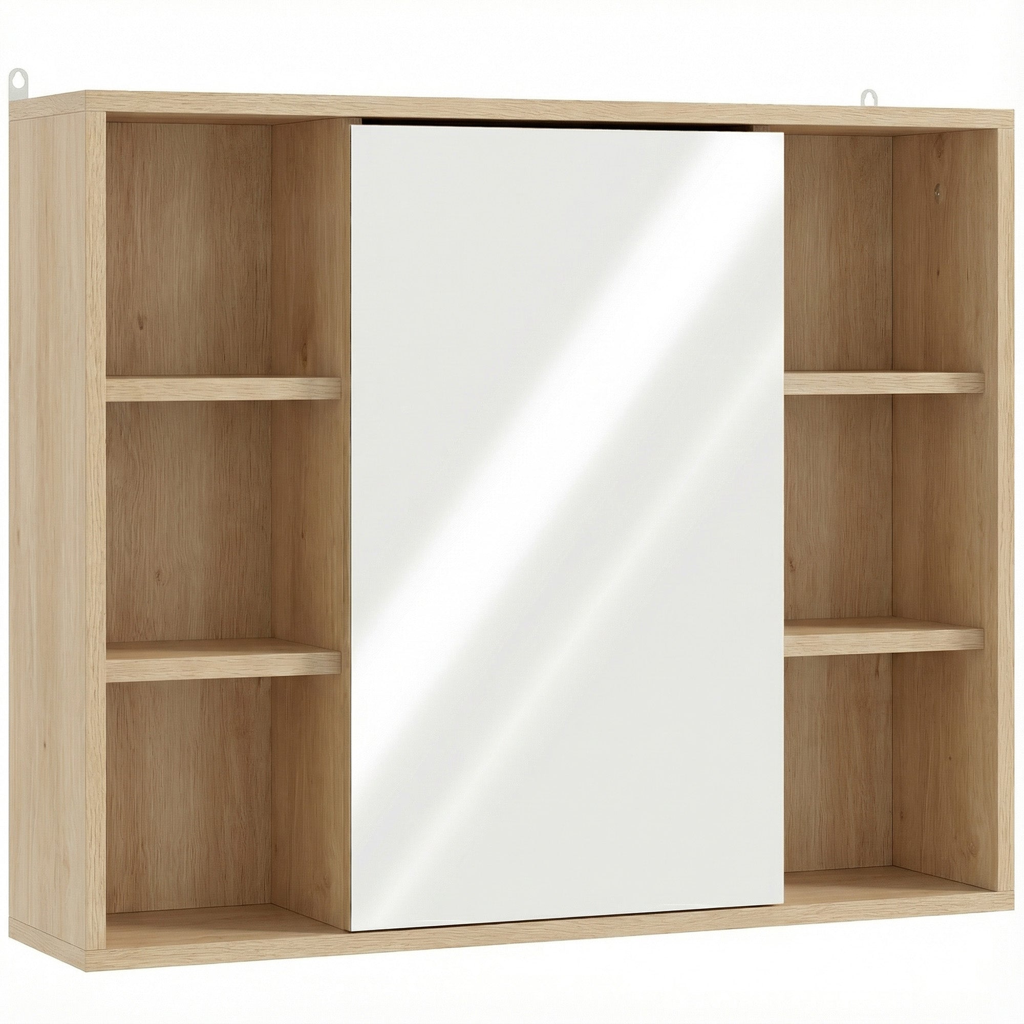 Wall-Mounted Bathroom Cabinet with Mirror — 6 Open Shelves & Mirrored Door, Natural Wood, 23.6 x 5.7 x 19.4 in