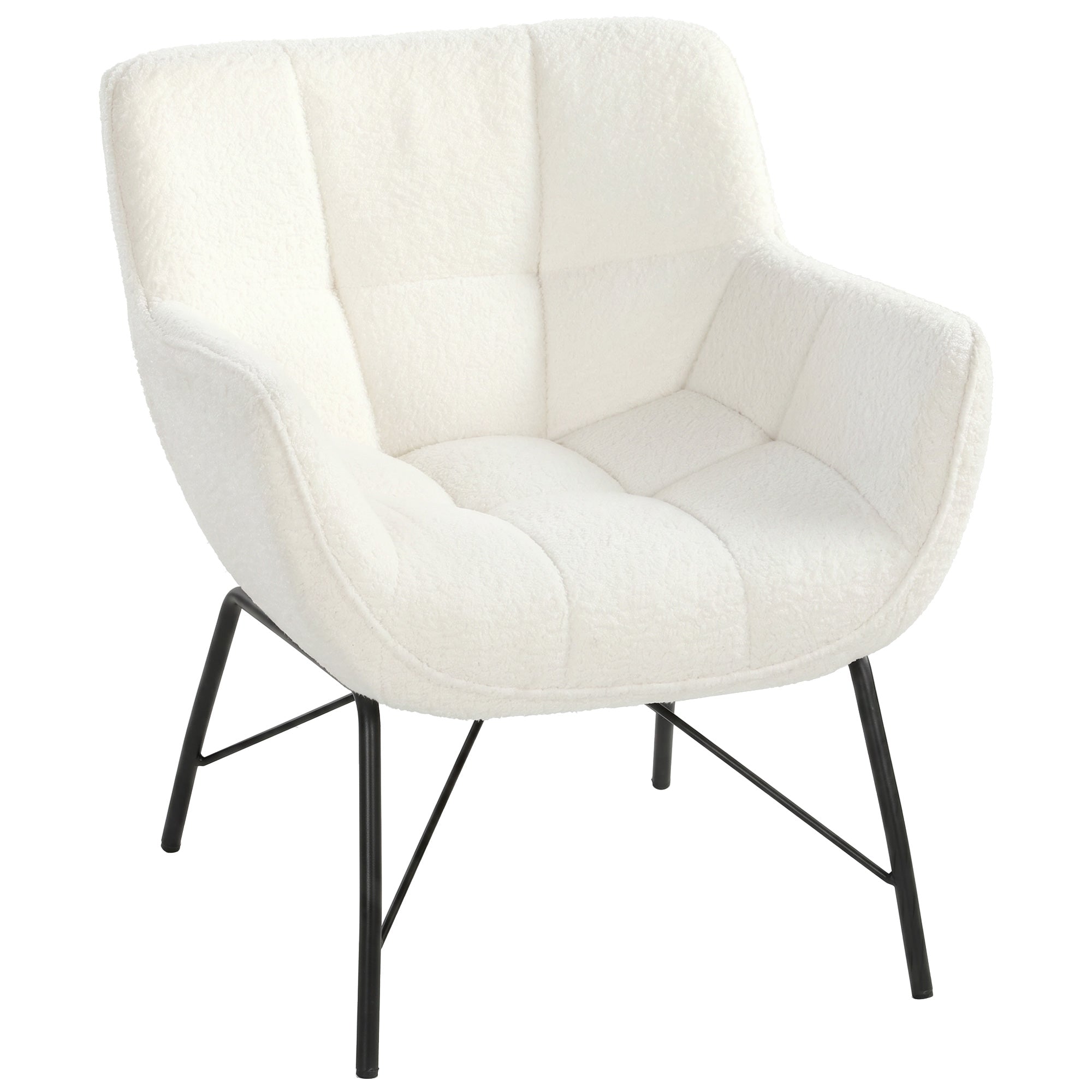 Sherpa Fleece Lounge Chair – Modern Upholstered Armchair with Curved Back, Armrests & Steel Legs, Cream White