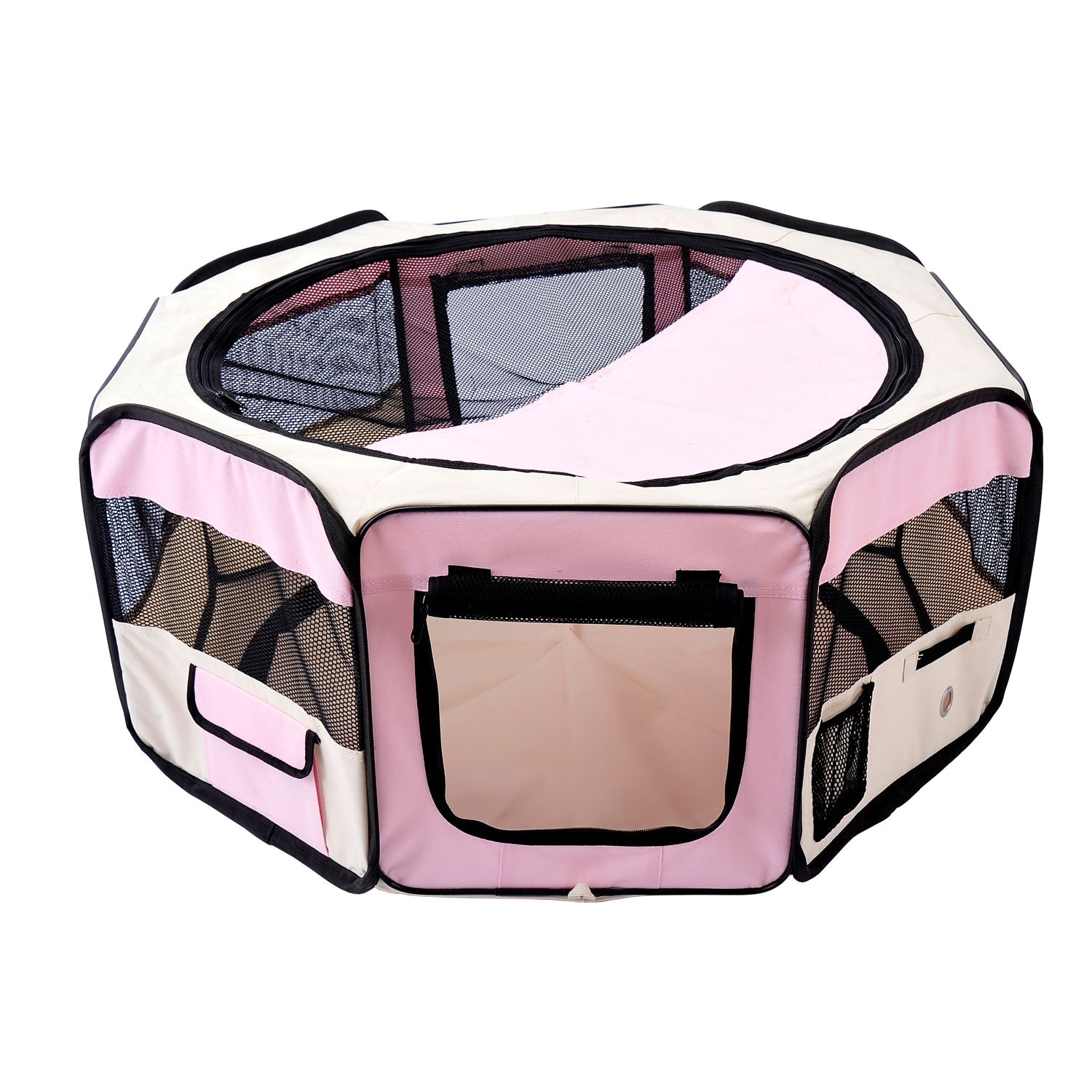 Foldable Playpen for Dogs & Cats — Portable Octagonal Pet Pen, Water-Resistant 600D Oxford with 2 Zippered Doors, Indoor/Outdoor, Ø90 x 41 cm (35.4 x 16.1 in), Pink