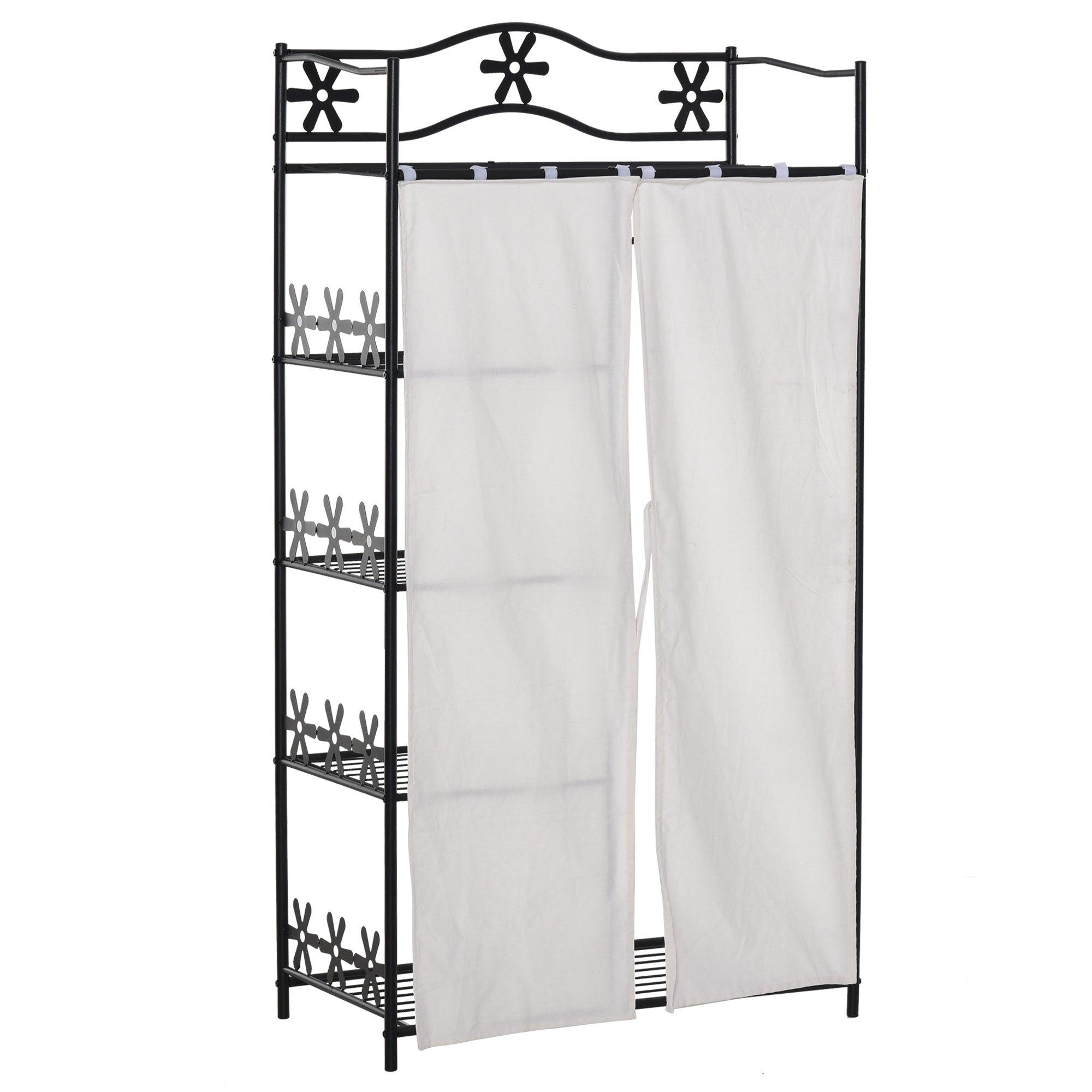 Adult Bedroom Wardrobe Clothing Dressing Multi Storage 5 Shelves 84L x 42W x 159H cm Metal Black 2 White Curtains
