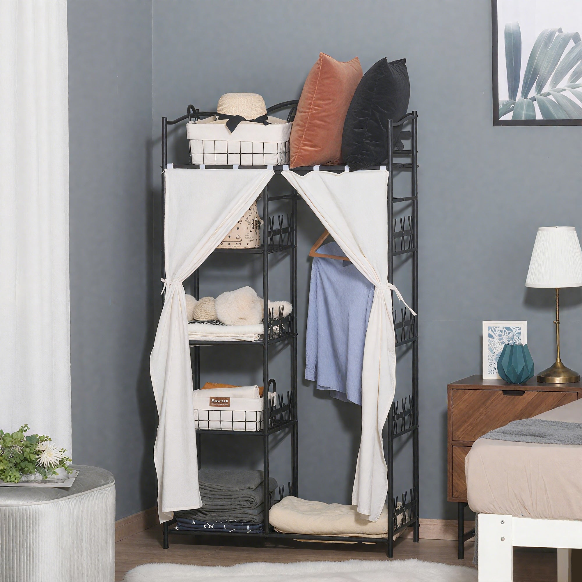 Adult Bedroom Wardrobe Clothing Dressing Multi Storage 5 Shelves 84L x 42W x 159H cm Metal Black 2 White Curtains