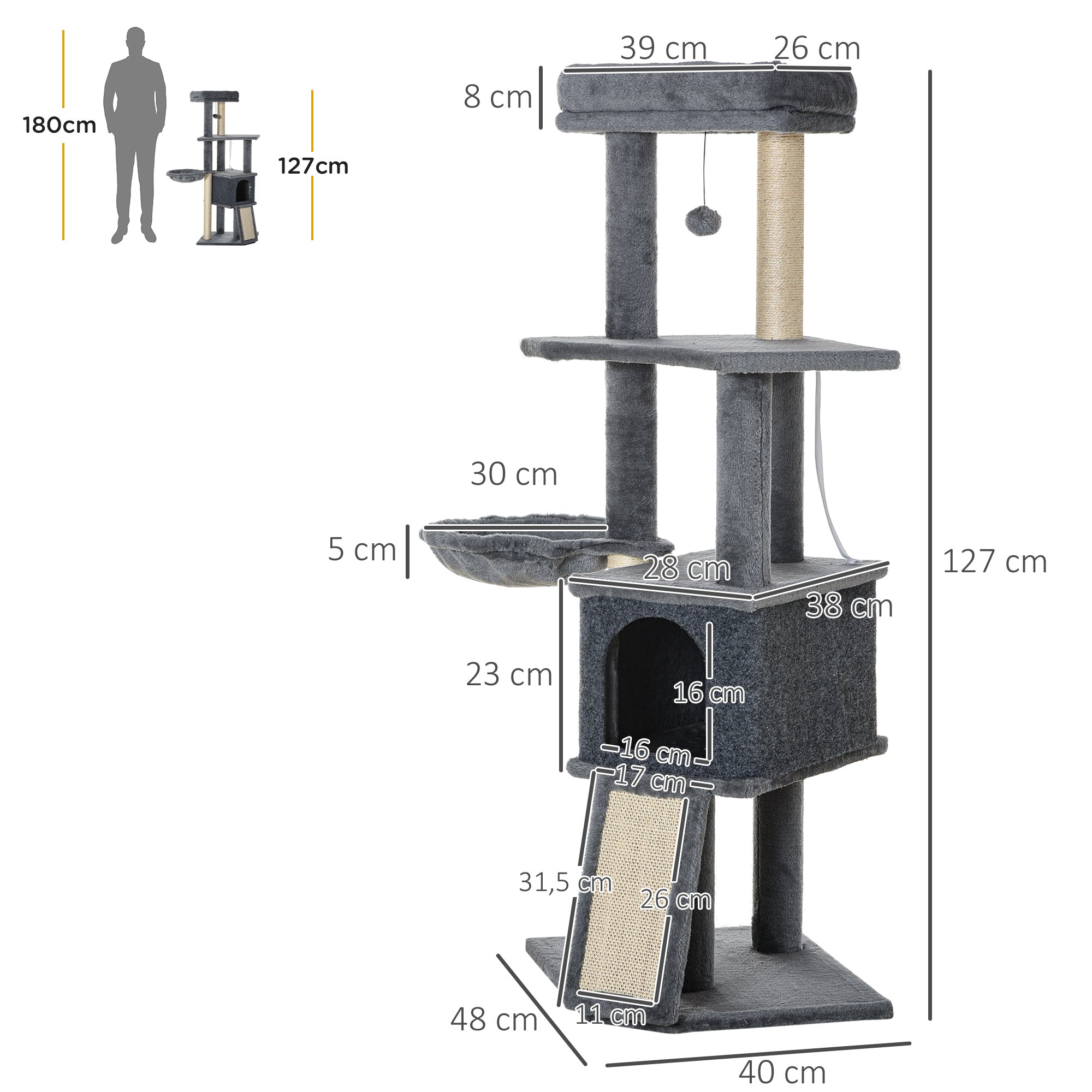 Multi-Equipped Activity Center Cat Tree with Scratching Posts Scratching Pad Dangling Ball Toy Hideaway Platforms Gray