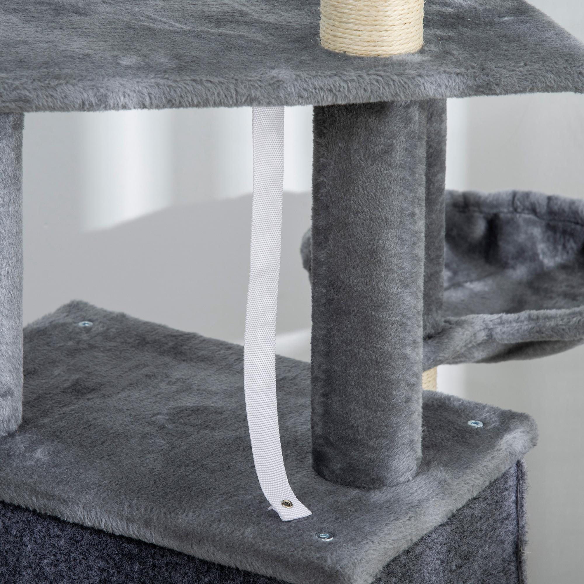 Multi-Equipped Activity Center Cat Tree with Scratching Posts Scratching Pad Dangling Ball Toy Hideaway Platforms Gray