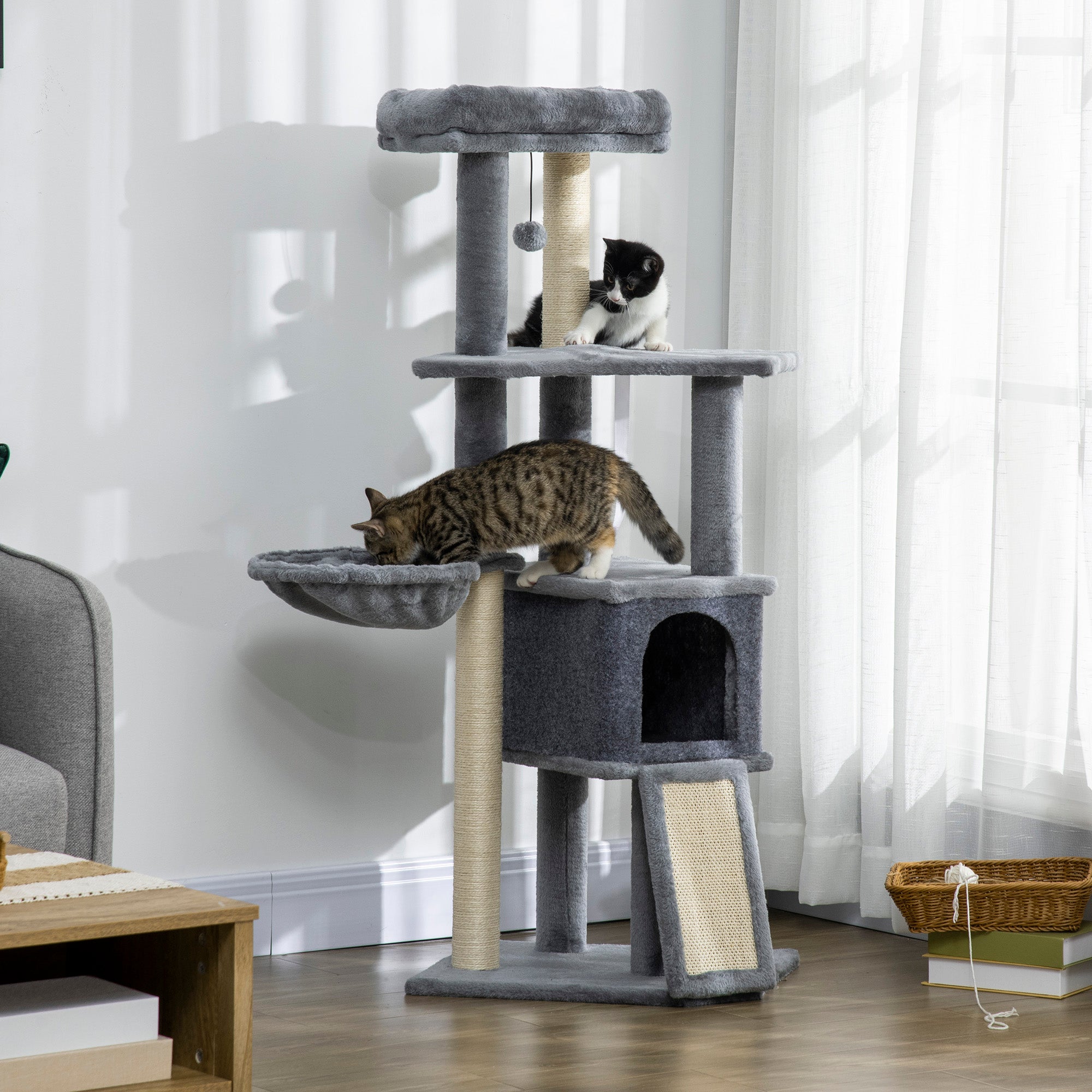 Multi-Equipped Activity Center Cat Tree with Scratching Posts Scratching Pad Dangling Ball Toy Hideaway Platforms Gray