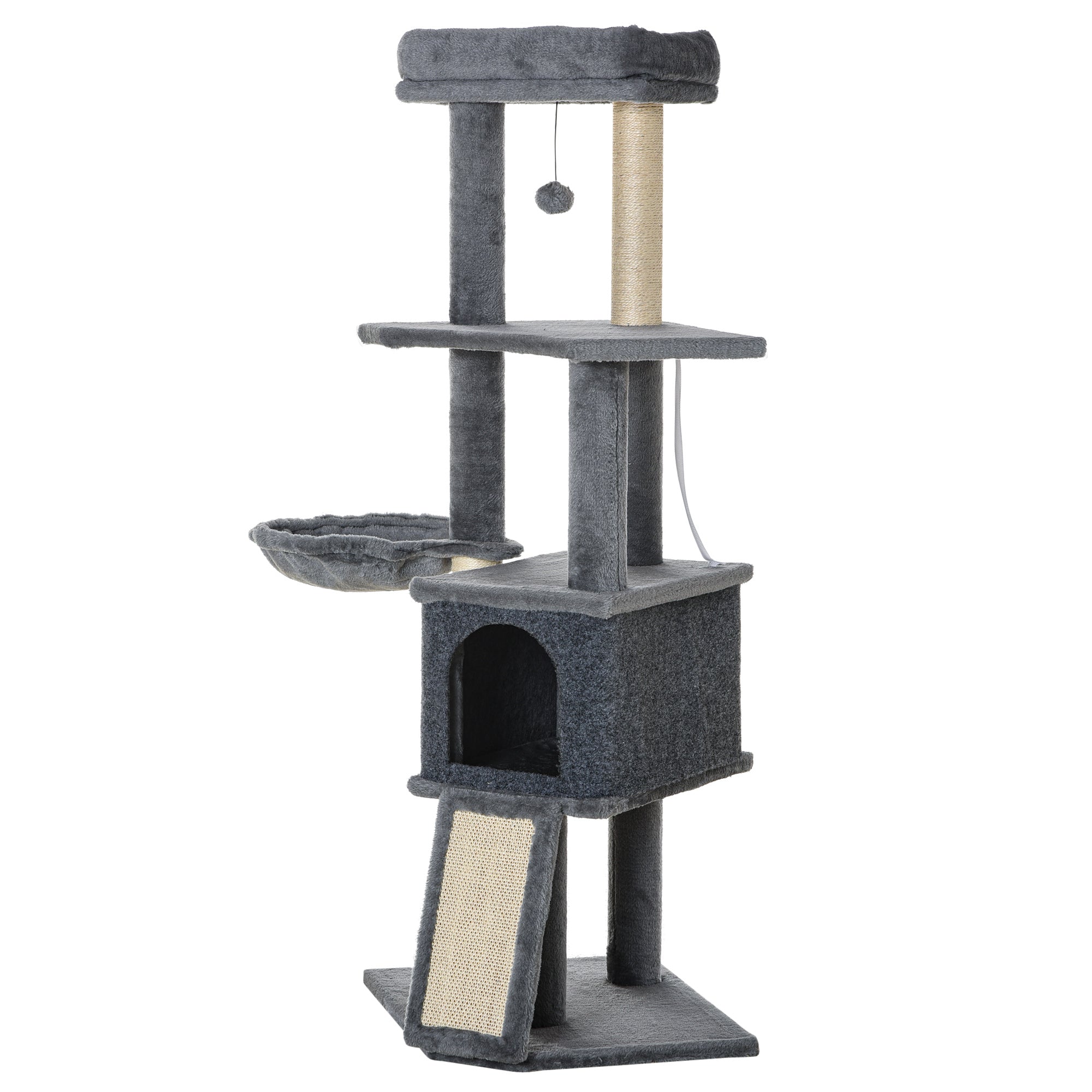 Multi-Equipped Activity Center Cat Tree with Scratching Posts Scratching Pad Dangling Ball Toy Hideaway Platforms Gray