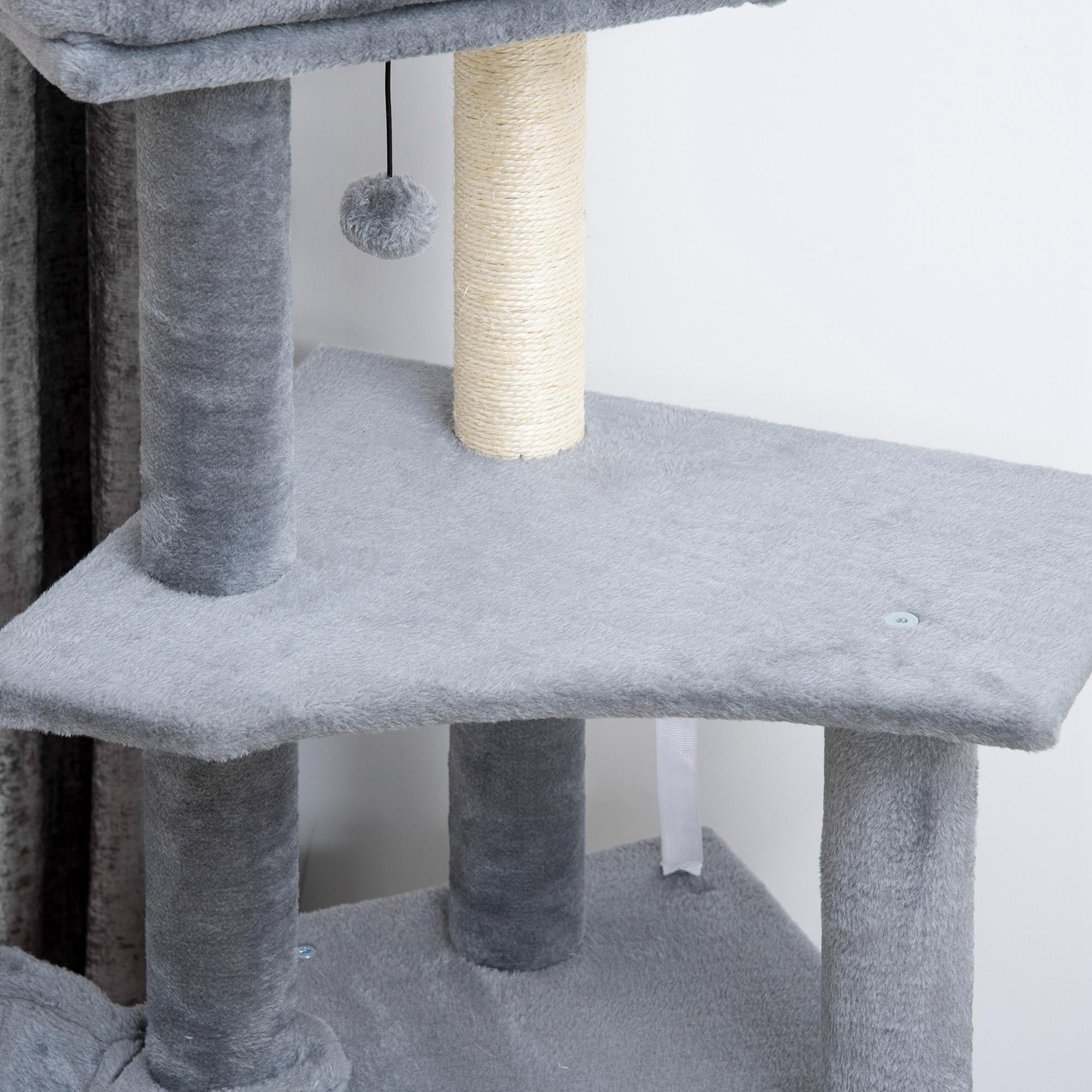 Multi-Equipped Activity Center Cat Tree with Scratching Posts Scratching Pad Dangling Ball Toy Hideaway Platforms Gray