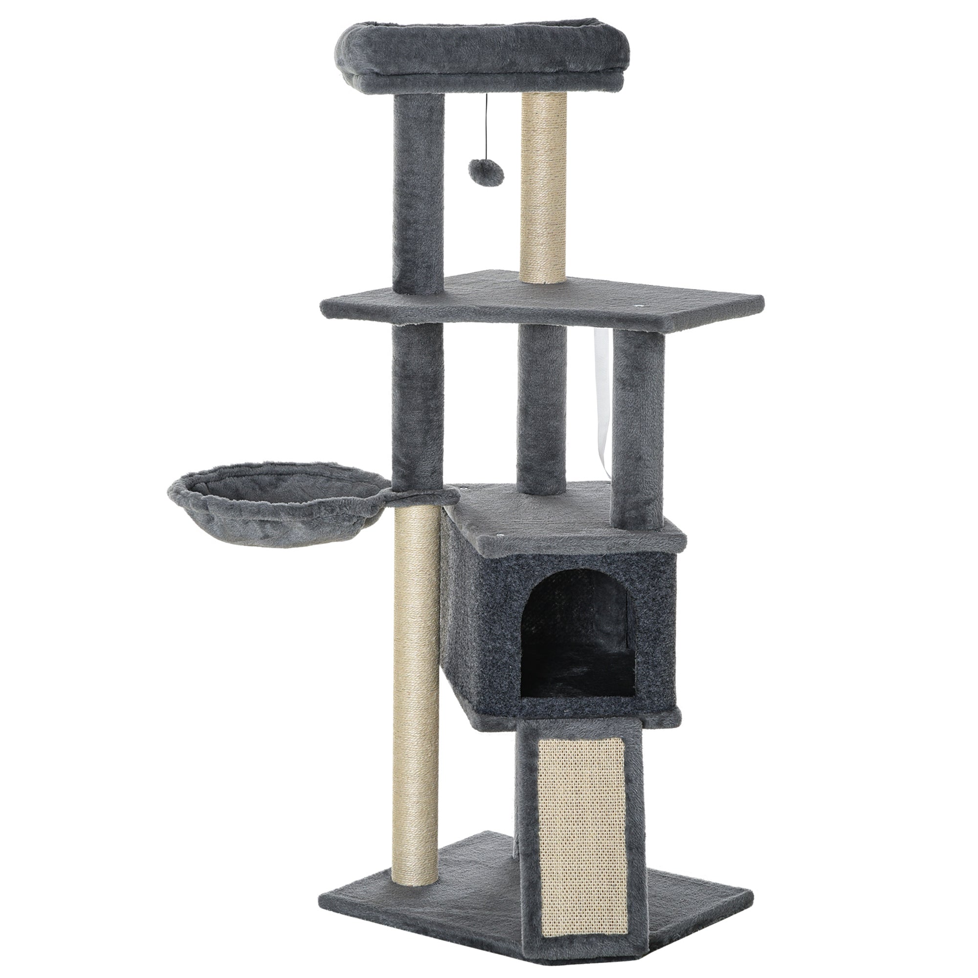 Multi-Equipped Activity Center Cat Tree with Scratching Posts Scratching Pad Dangling Ball Toy Hideaway Platforms Gray