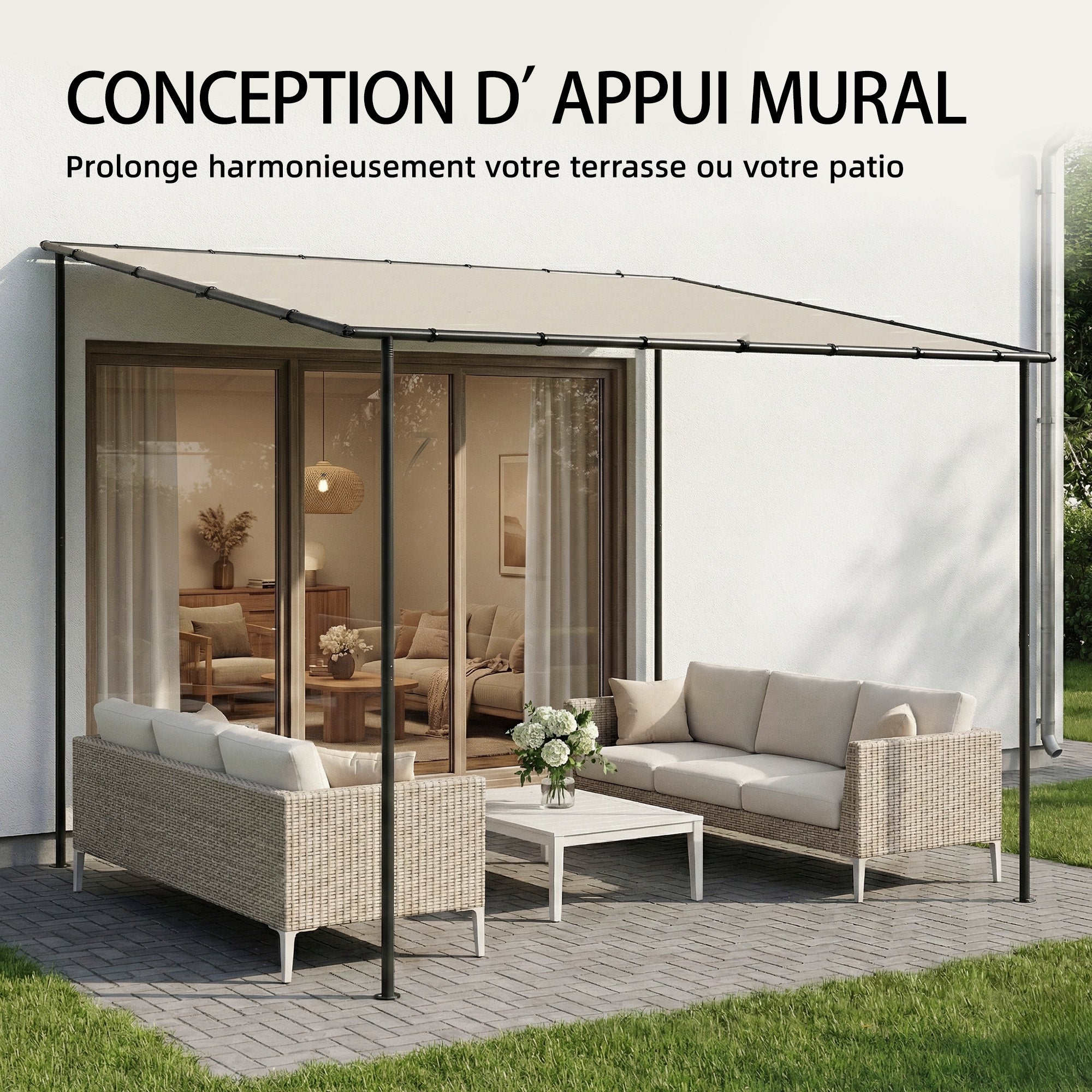 3 x 2 m Wall-Mounted Garden Pergola — Metal Frame, Water-Resistant Canopy, Cream