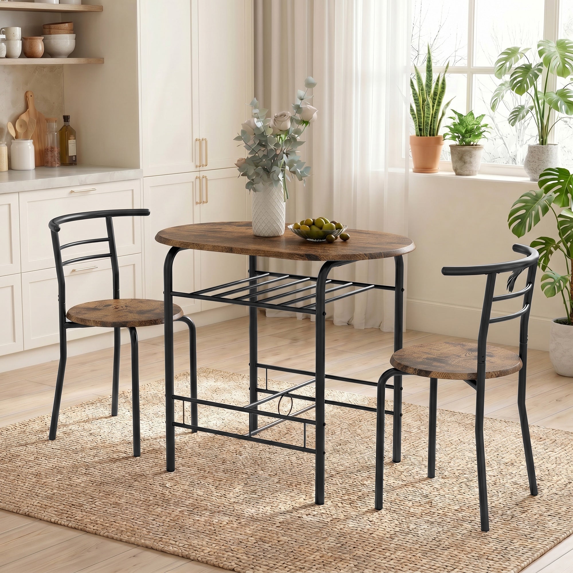 3-Piece Dining Set – 31.5 in Table with 2 Chairs & Shelf, Rustic Brown, Ideal for Small Spaces
