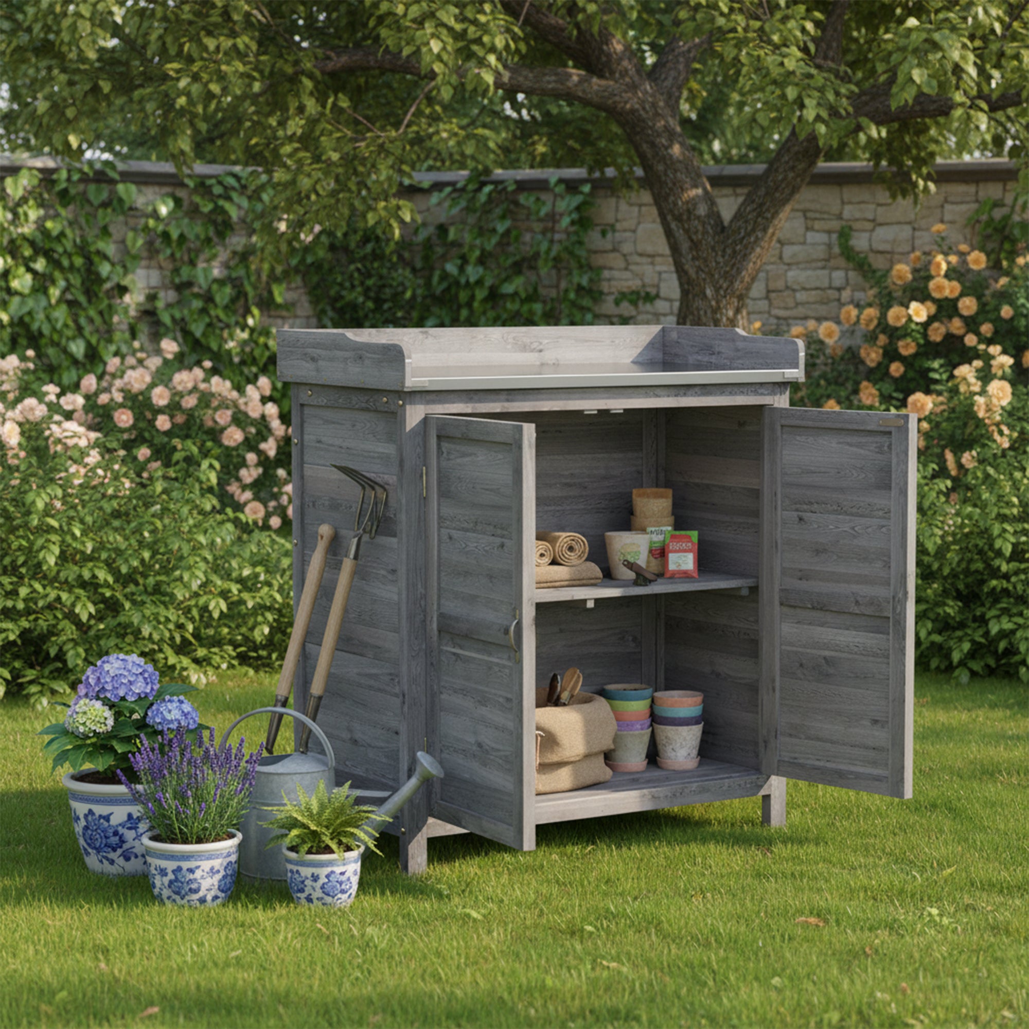 Potting Bench with Storage Cabinet — Fir/Spruce Wood Outdoor Garden Cabinet with Galvanized Worktop, 2 Shelves, Weather-Resistant, Gray (32.7" x 15.7" x 36.2")