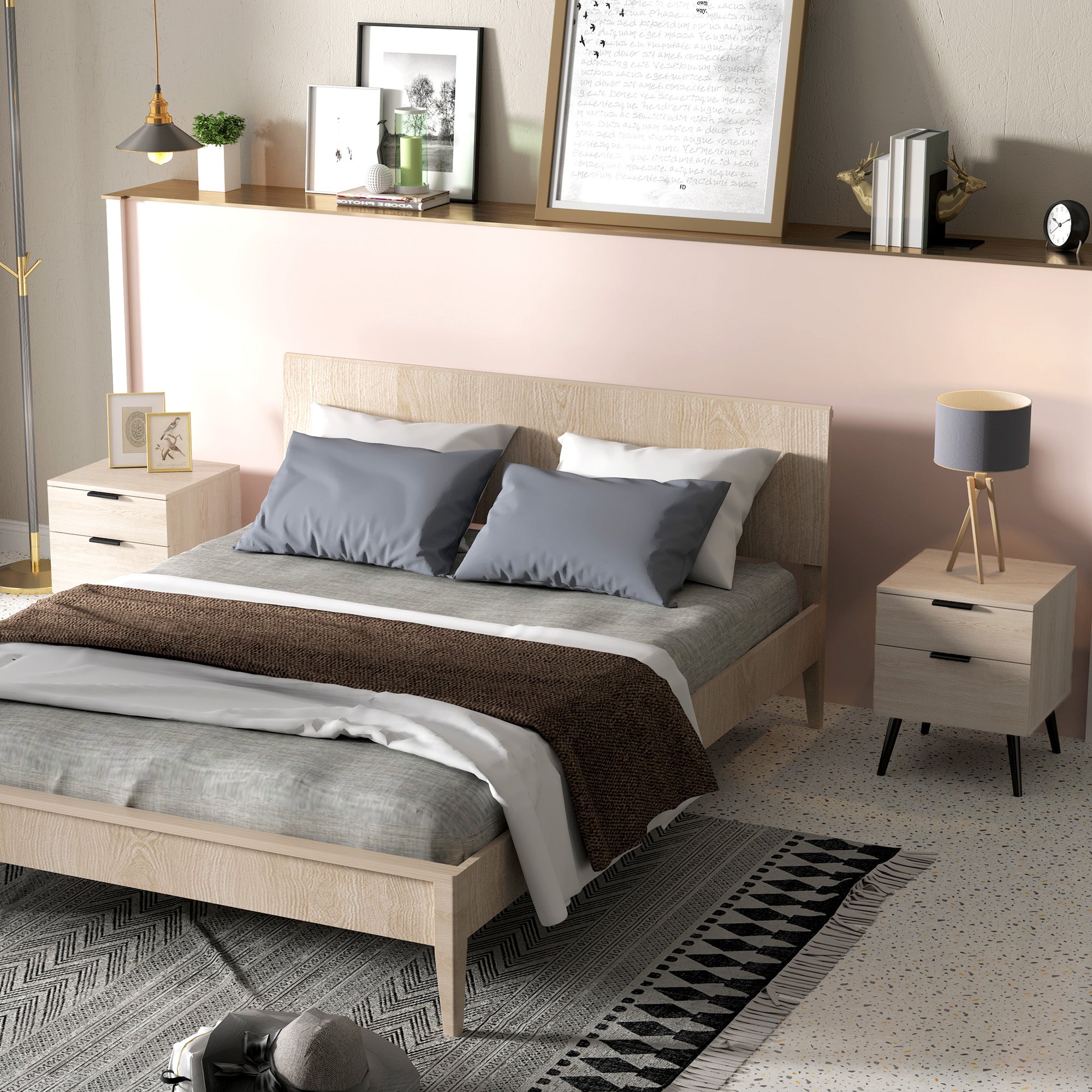 Set of 2 Bedside Tables, Modern Nordic Style Nightstand, with Two-level Drawer, Solid Wood Legs, for Bedroom, Living Room, Oak Effect