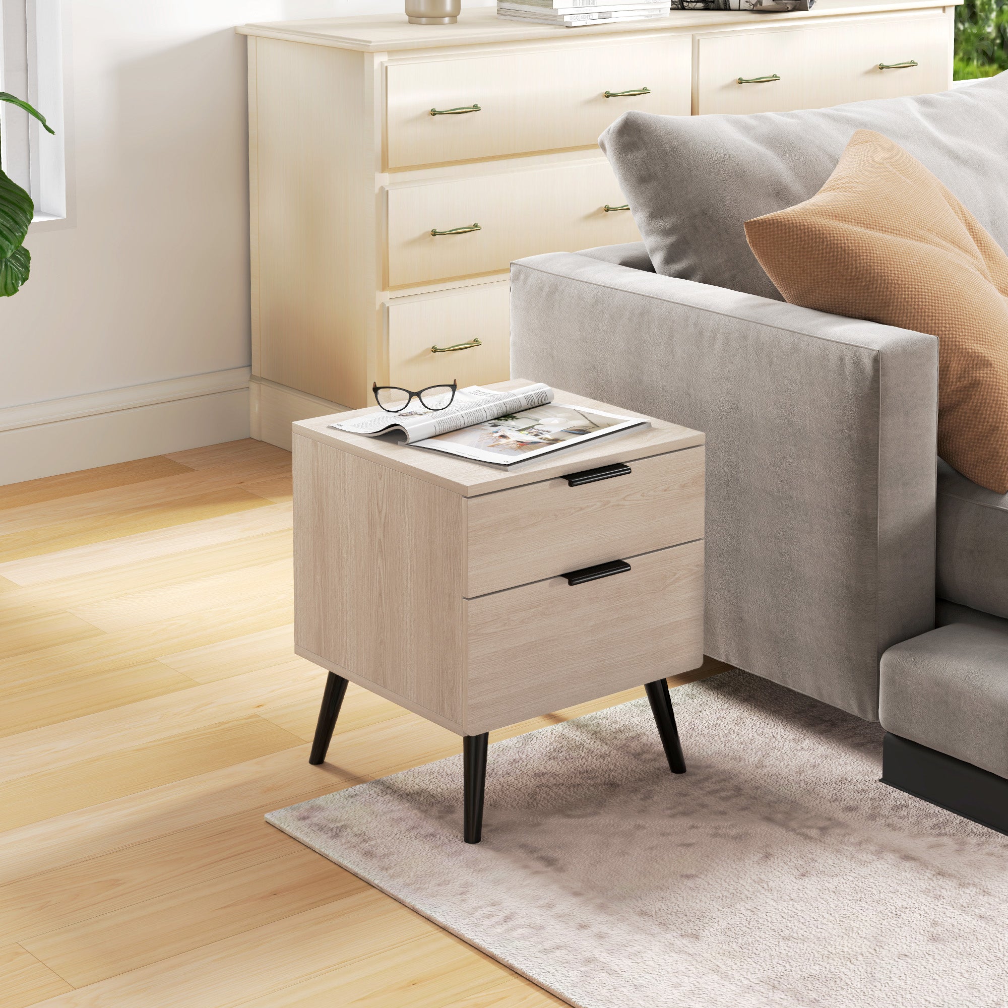 Set of 2 Bedside Tables, Modern Nordic Style Nightstand, with Two-level Drawer, Solid Wood Legs, for Bedroom, Living Room, Oak Effect