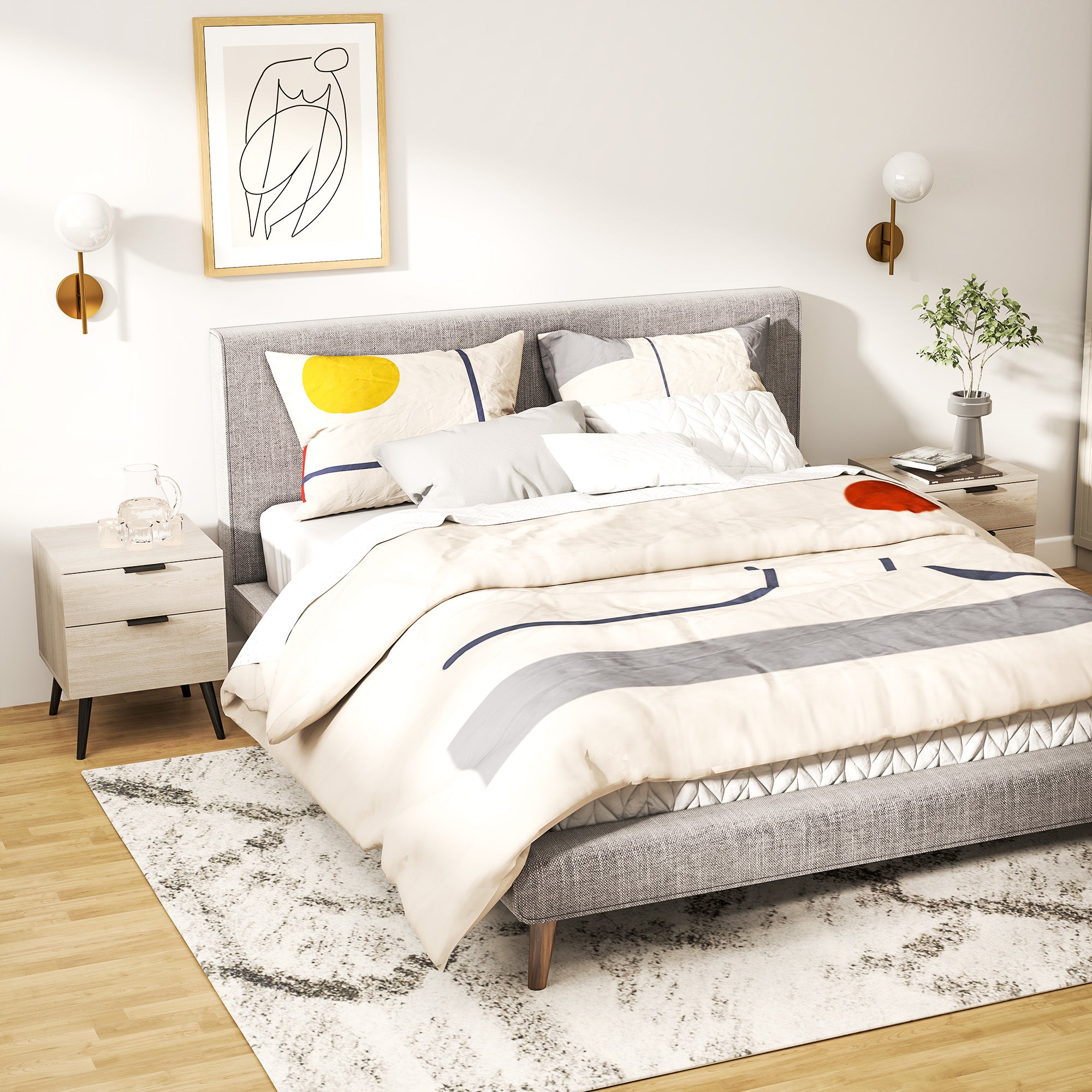 Set of 2 Bedside Tables, Modern Nordic Style Nightstand, with Two-level Drawer, Solid Wood Legs, for Bedroom, Living Room, Oak Effect