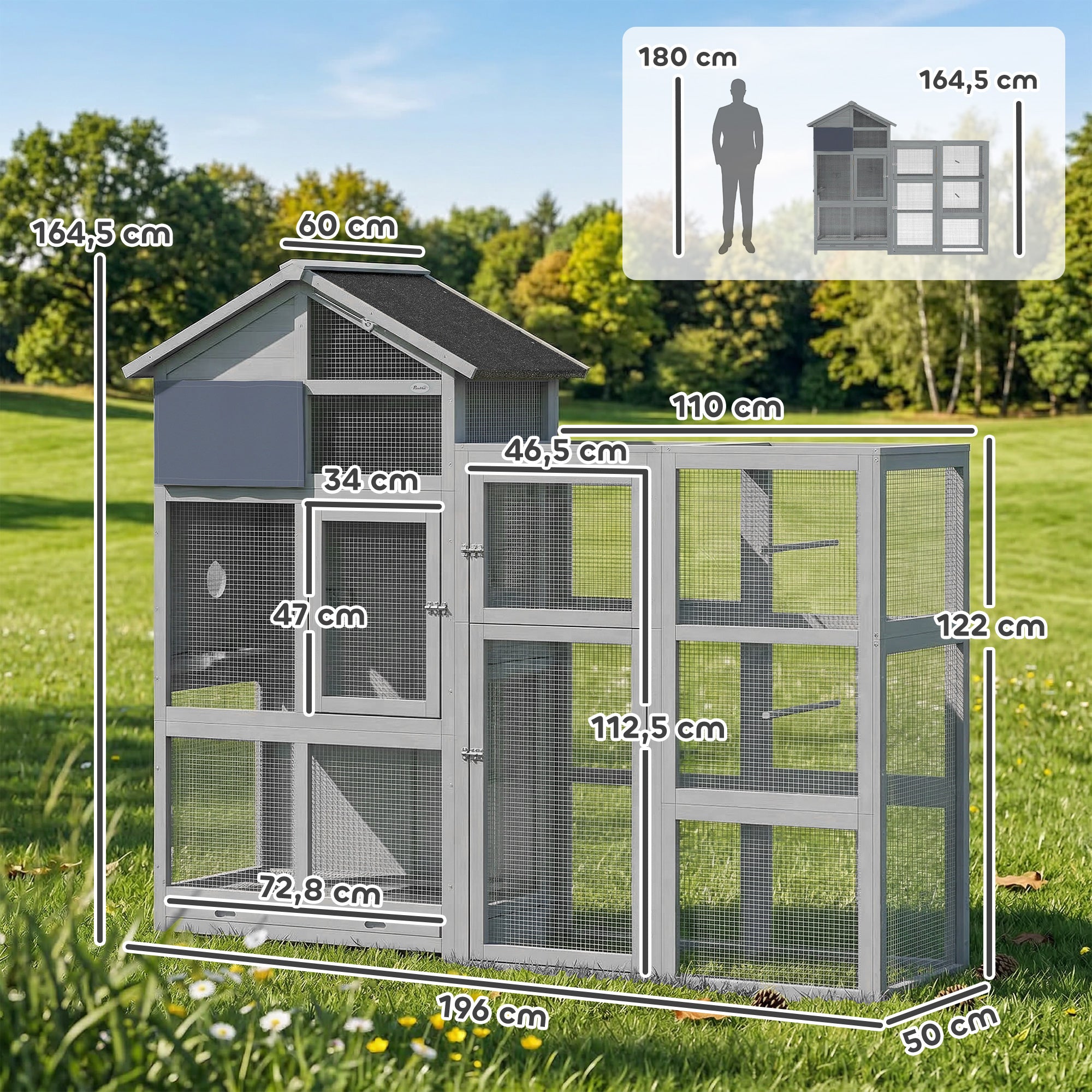 Wooden Bird Aviary with Extension — 6 Perches, 7 Doors, Storage Compartment, Pull-Out Drawer, Stainless Bowls for Finches & Budgies, Gray — 196 x 60 x 164.5 cm (77.2 x 23.6 x 64.8 in)