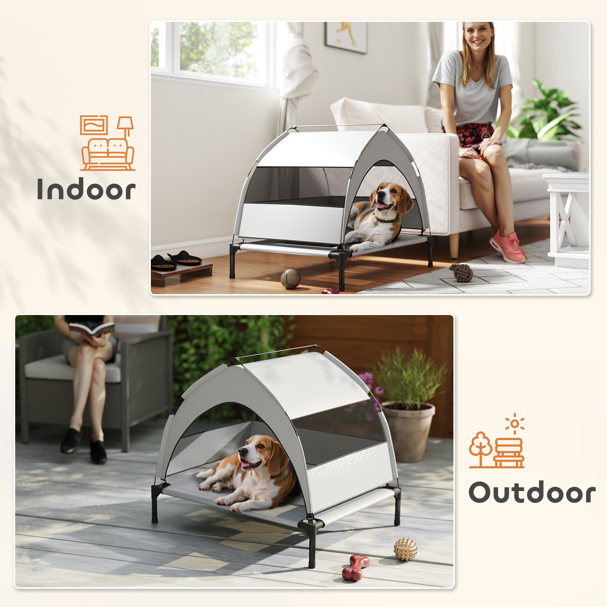 Elevated Outdoor Dog Bed with Canopy — Cooling Pet Lounger for Small to Medium Dogs, Steel Frame, Storage Bag, 30 x 24 x 24 in (Light Gray)