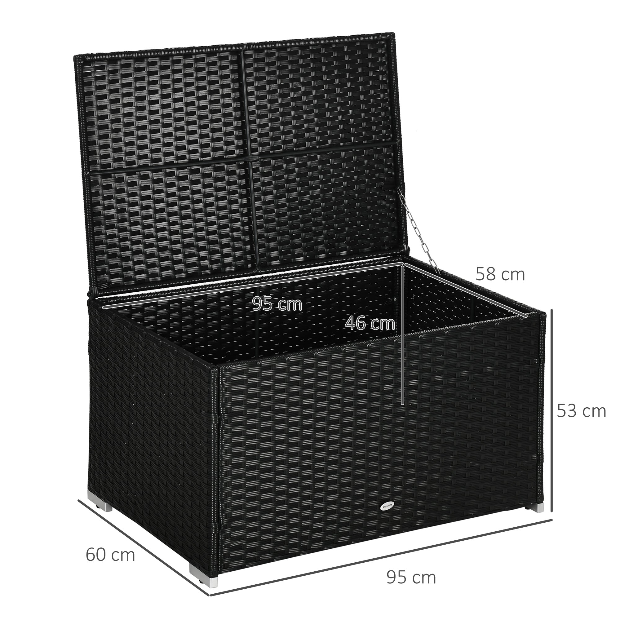 Garden Box in Rattan and Steel, Outdoor Container with Lid 95x60x53cm, Black